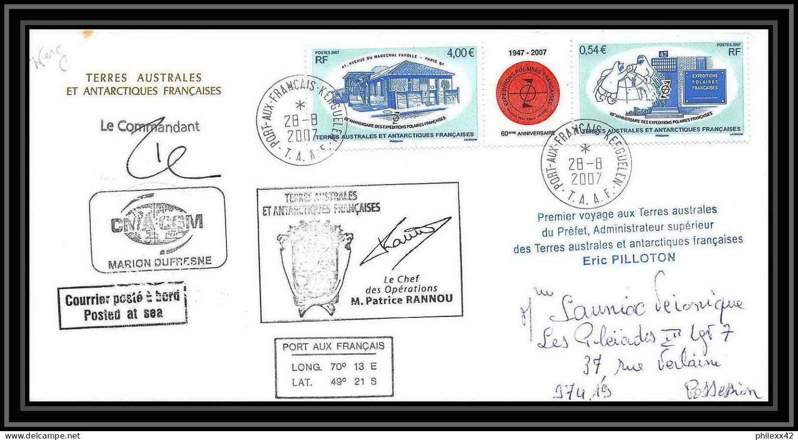 2707 Terres Australes TAAF Lettre Cover Dufresne 2 Signé Signed Op 2007/2 Kerguelen N°460A Helilagon Recommandé - Helikopters