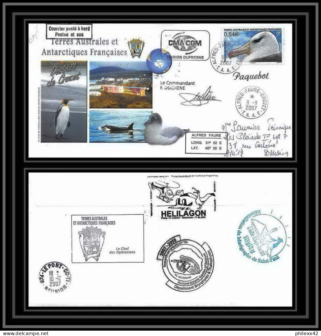 2721 ANTARCTIC Terres Australes TAAF Lettre Cover Dufresne 2 Signé Signed Marégraphe N°466 8/11/2007 Crozet Helilagon - Helicopters