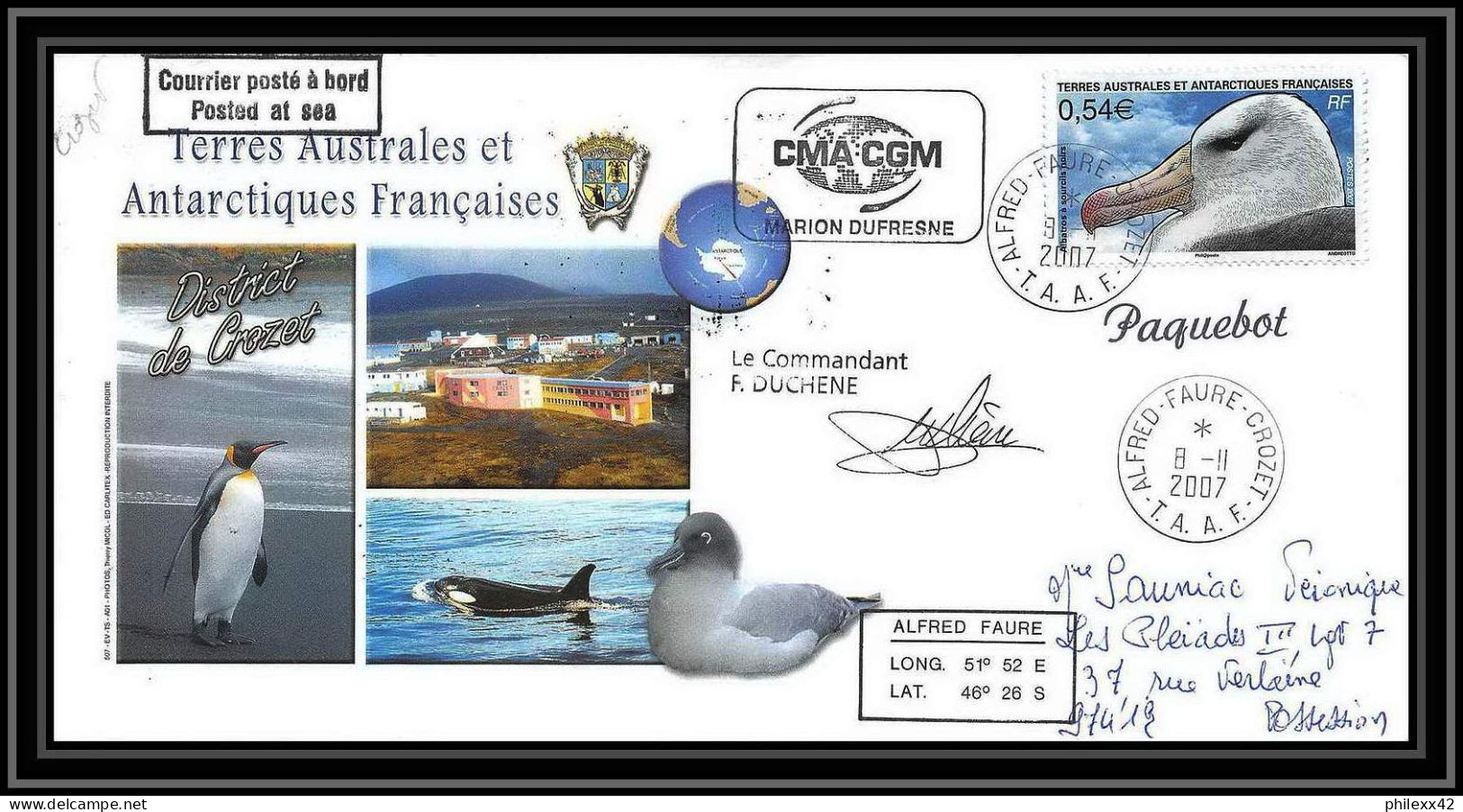 2721 ANTARCTIC Terres Australes TAAF Lettre Cover Dufresne 2 Signé Signed Marégraphe N°466 8/11/2007 Crozet Helilagon - Helicópteros