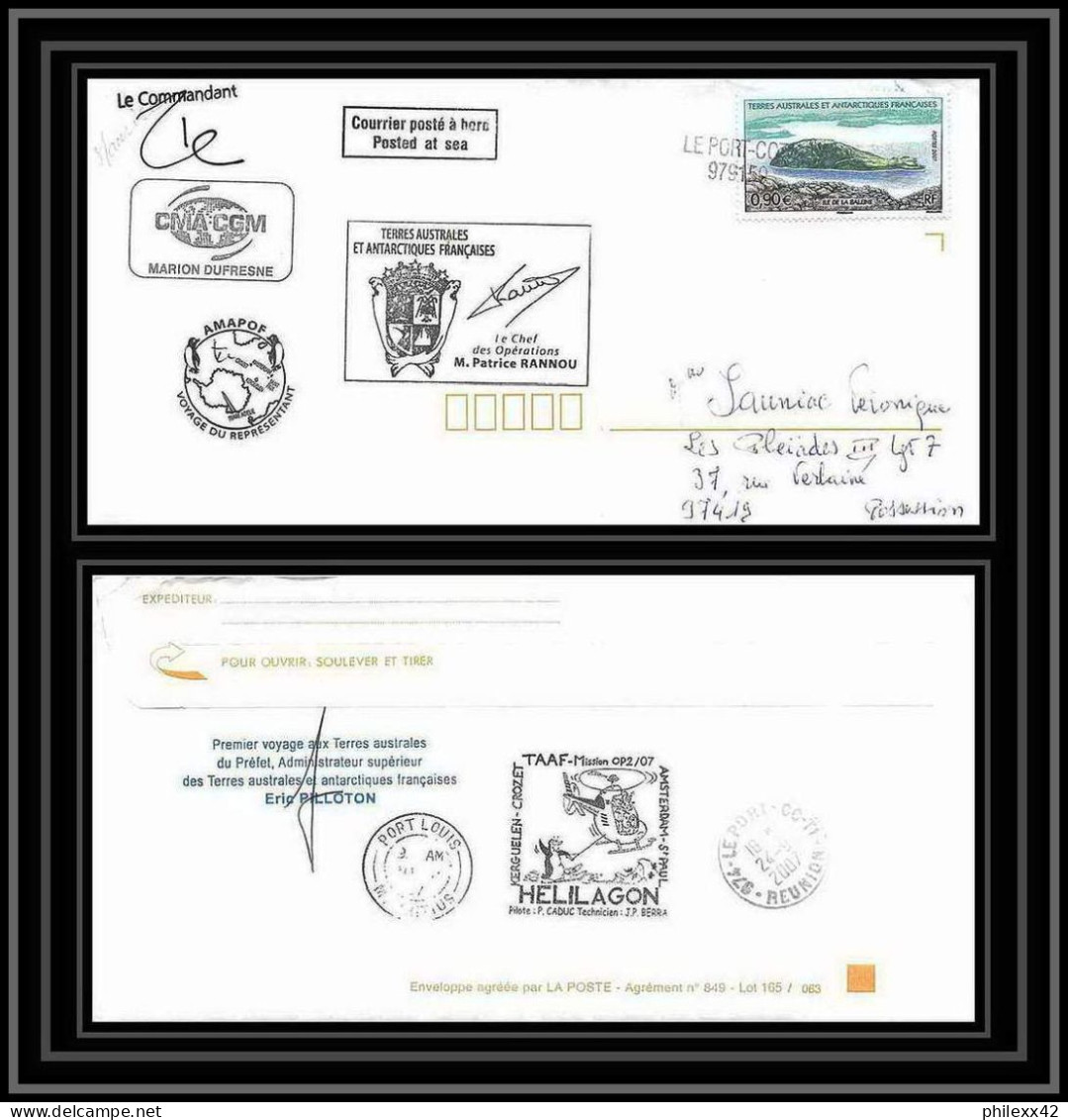 2716 ANTARCTIC Terres Australes (taaf) Dufresne 2 Signé Signed Op 2007/2 Maurice (mauritus) Helilagon Voyage Pilloton - Antarktis-Expeditionen