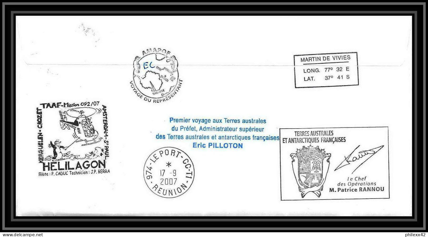 2713 Terres Australes TAAF Lettre Cover Dufresne 2 Signé Signed Op 2007/2 St Paul N°467 Helilagon - Helicopters