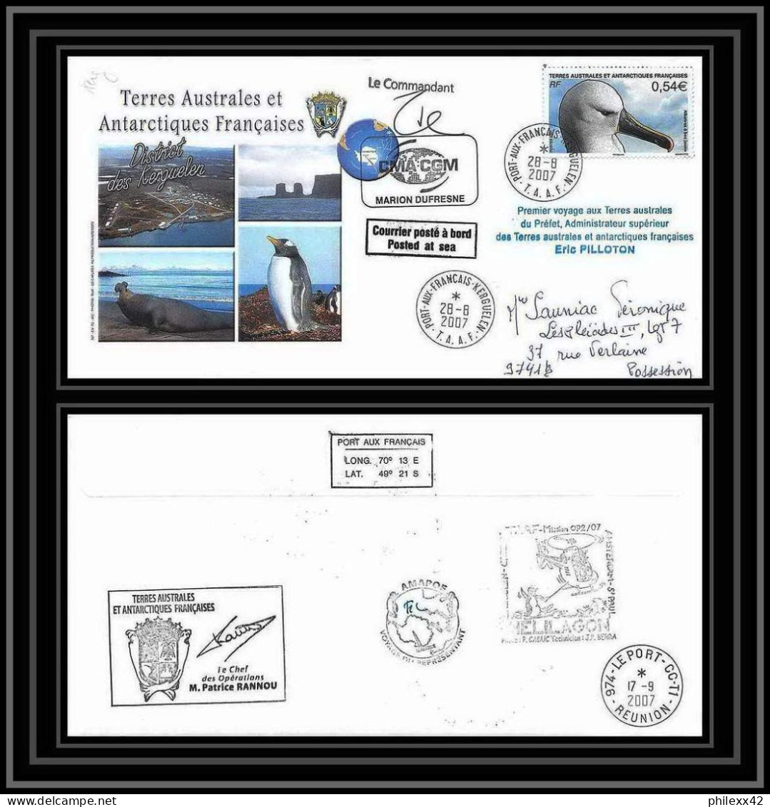 2709 Terres Australes TAAF Lettre Cover Dufresne 2 Signé Signed Op 2007/2 Kerguelen N°467 23/8/2007 Helilagon - Helicópteros