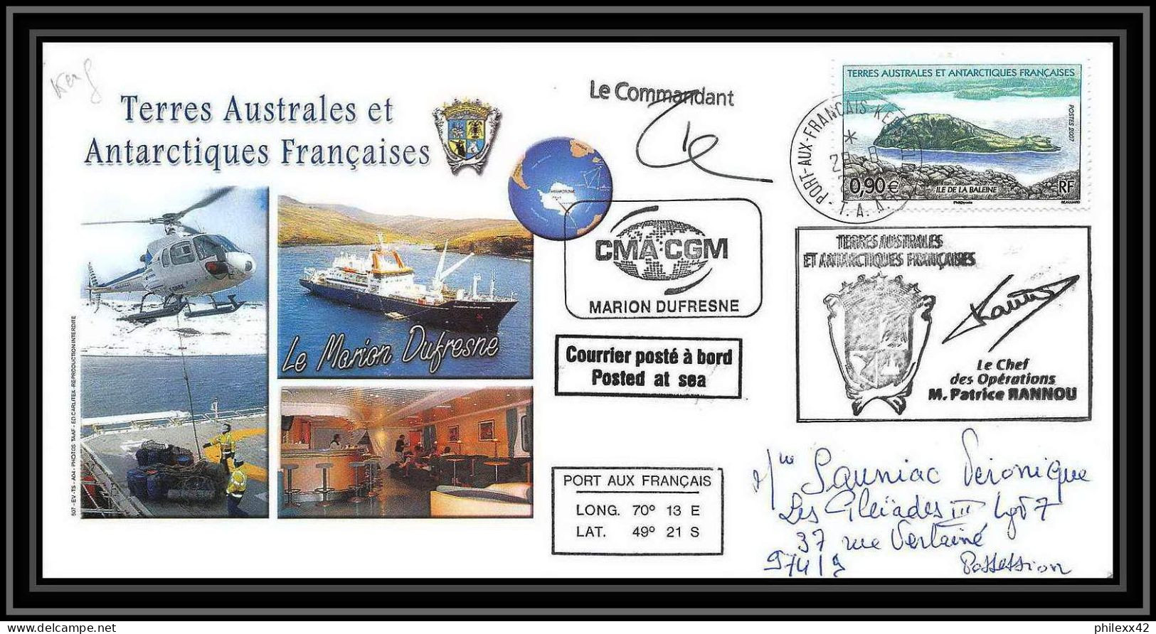 2710 Terres Australes TAAF Lettre Cover Dufresne 2 Signé Signed Op 2007/2 Kerguelen N°455 23/8/2007 Helilagon - Hélicoptères