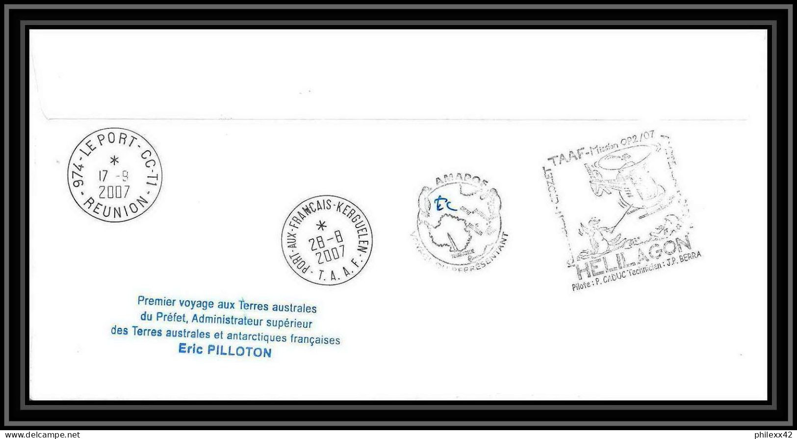 2710 Terres Australes TAAF Lettre Cover Dufresne 2 Signé Signed Op 2007/2 Kerguelen N°455 23/8/2007 Helilagon - Hélicoptères