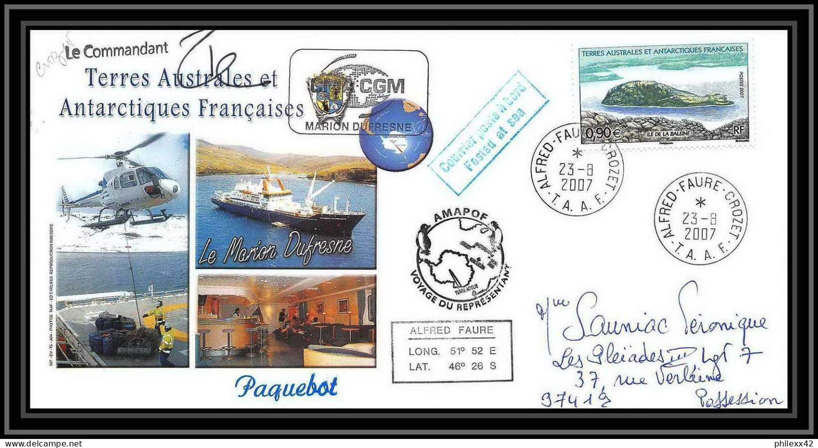 2706 ANTARCTIC Terres Australes TAAF Lettre Cover Dufresne 2 Signé Signed Op 2007/2 Crozet N°455 2007 Helilagon - Hélicoptères