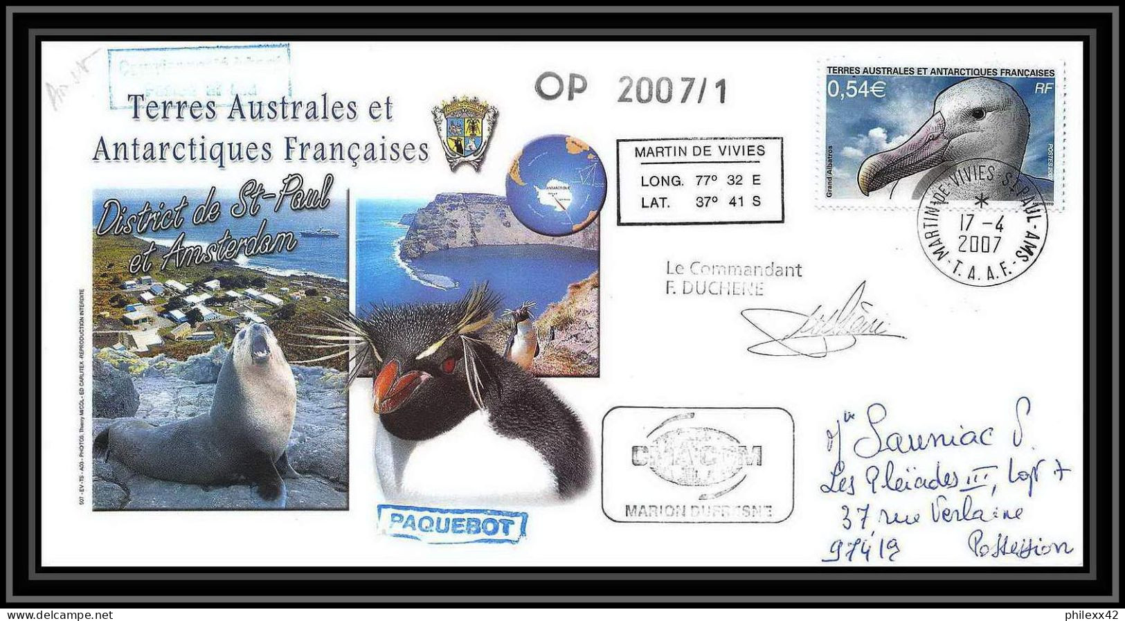 2689 Terres Australes TAAF Lettre Dufresne 2 Signé Signed Op 2007/1 N°471 17/4/2007 Amsterdam Oiseaux (birds) - Spedizioni Antartiche