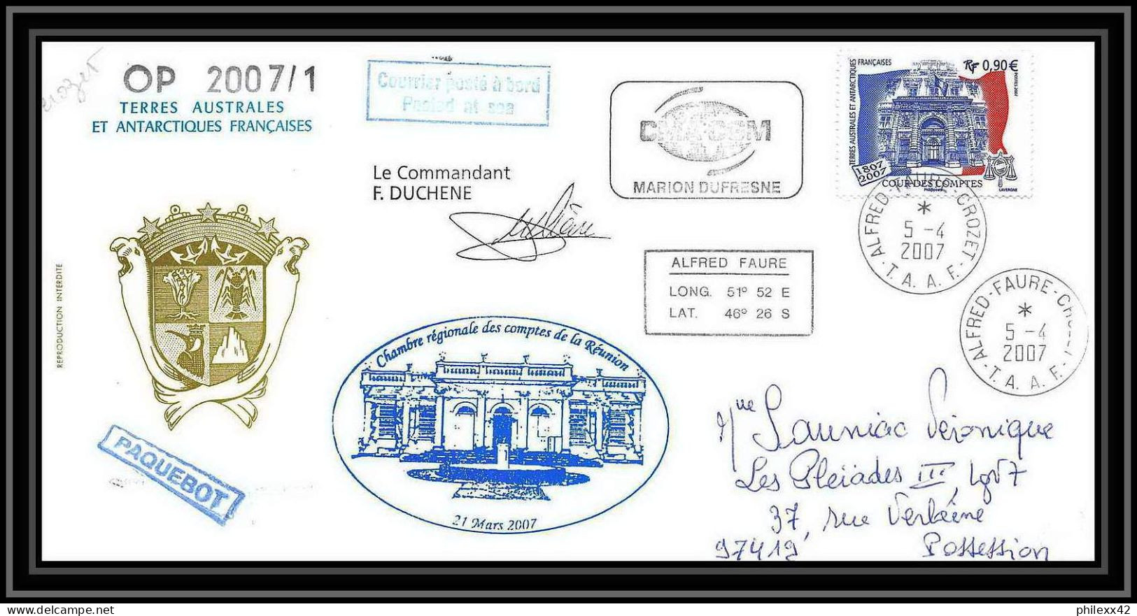 2671 ANTARCTIC Terres Australes TAAF Lettre Cover Dufresne 2 Signé Signed Op 2007/1 Crozet 5/4/2007 N°471 - Expéditions Antarctiques