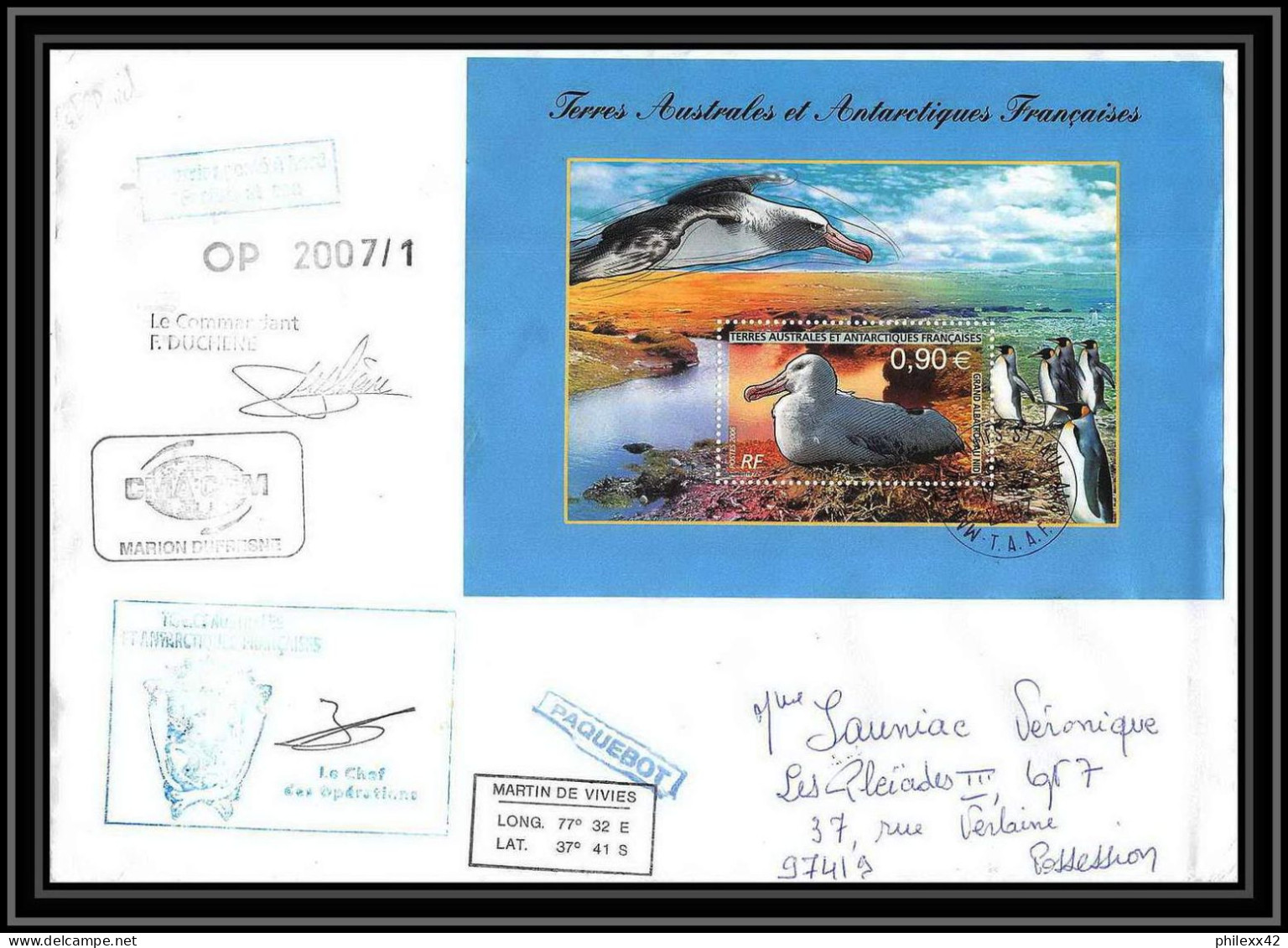 2686 ANTARCTIC Terres Australes TAAF Lettre Dufresne Signé Signed ST PAUL Comptes Réunion Bloc N°16 17/4/2007 - Antarctic Expeditions