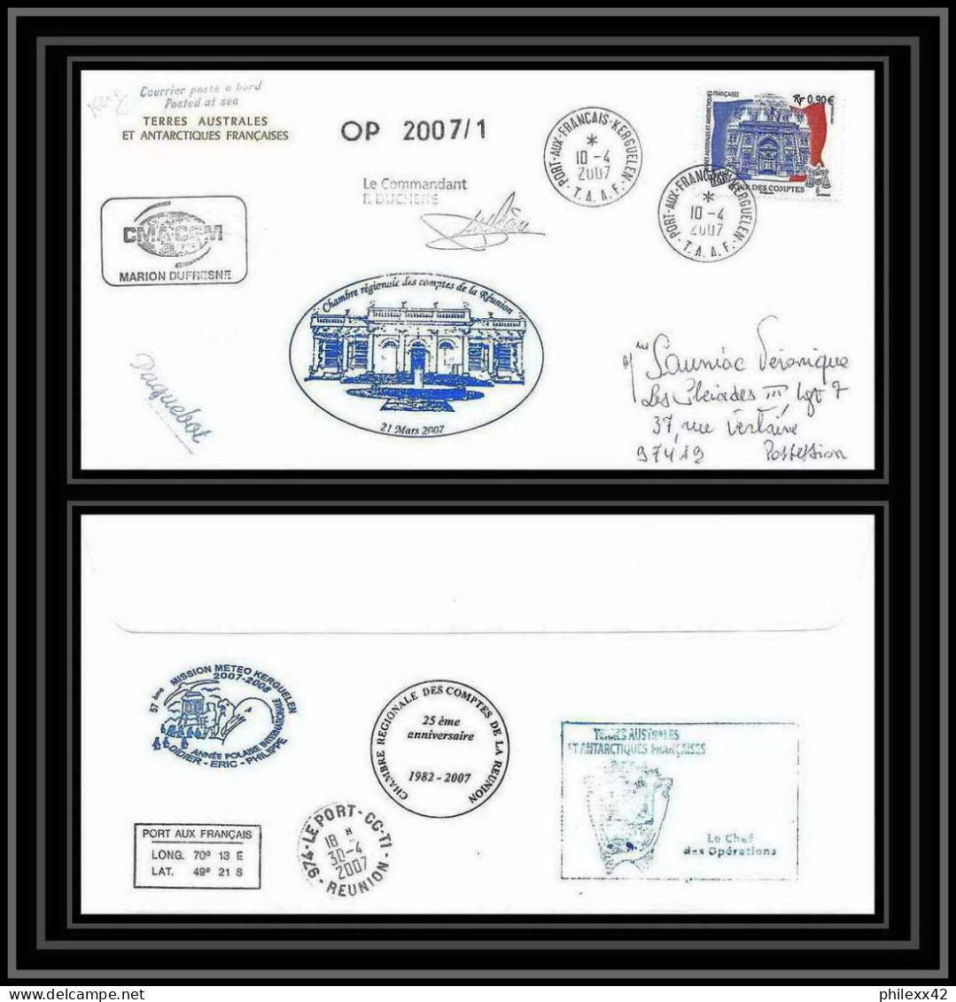 2677 ANTARCTIC Terres Australes TAAF Lettre Cover Dufresne 2 Signé Signed Op 2007/1 KERGUELEN 10/4/2007 N°471 - Storia Postale