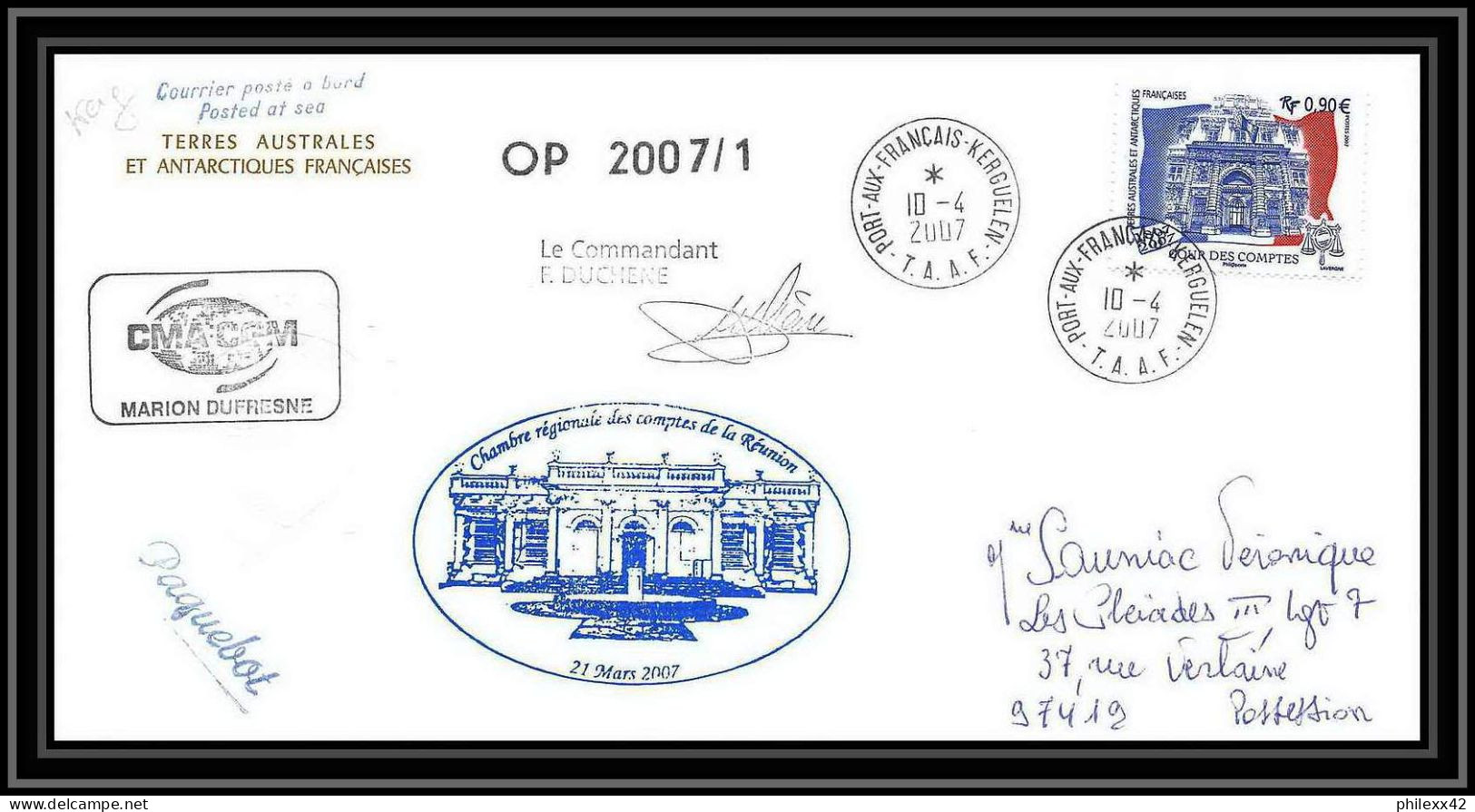 2677 ANTARCTIC Terres Australes TAAF Lettre Cover Dufresne 2 Signé Signed Op 2007/1 KERGUELEN 10/4/2007 N°471 - Briefe U. Dokumente