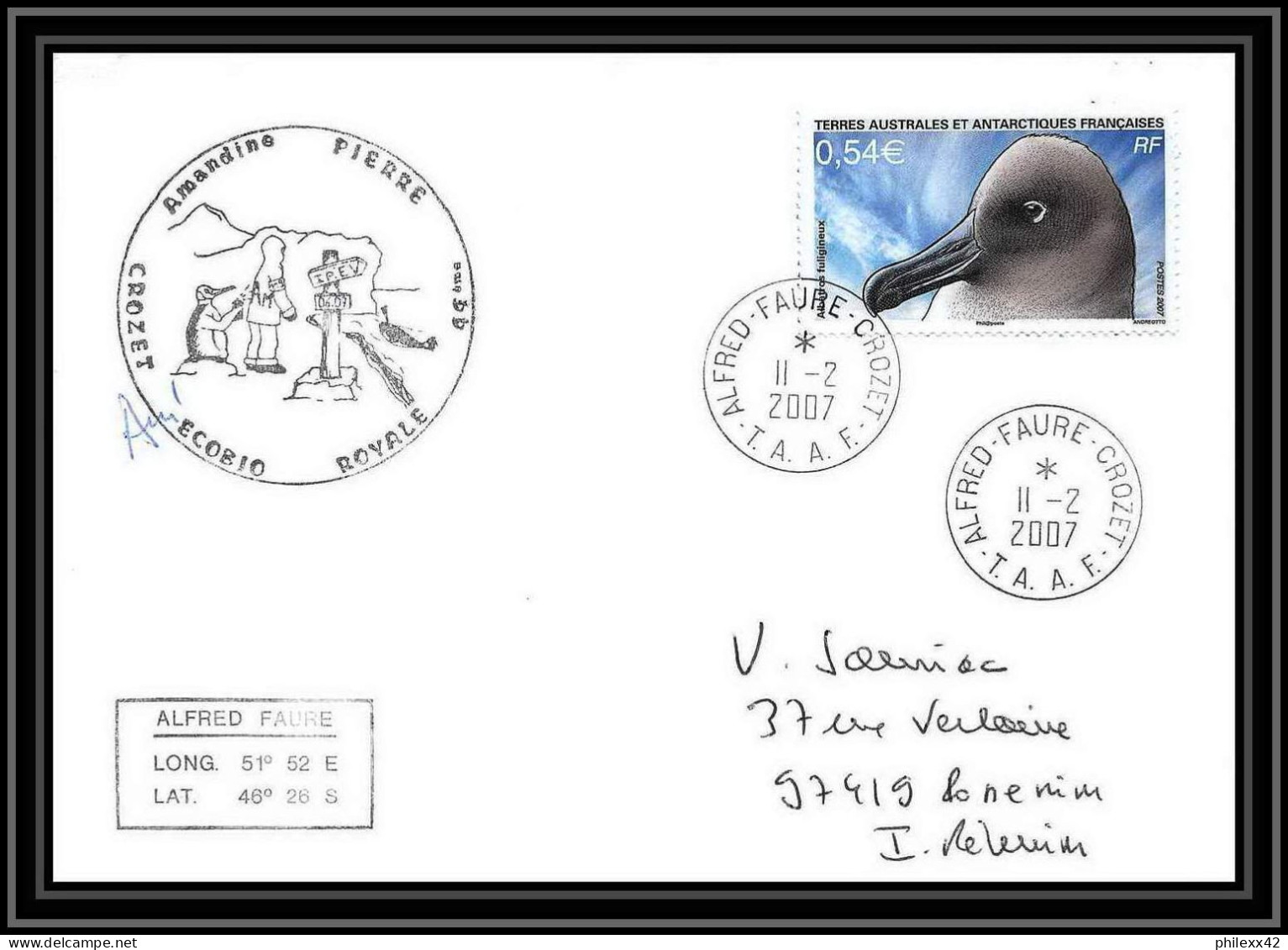 2660 ANTARCTIC TAAF Lettre Cover Dufresne 2 Signé Signed N°468 Crozet Ecobuo Royale 2007 Reunion Oiseaux (birds) - Antarctische Expedities
