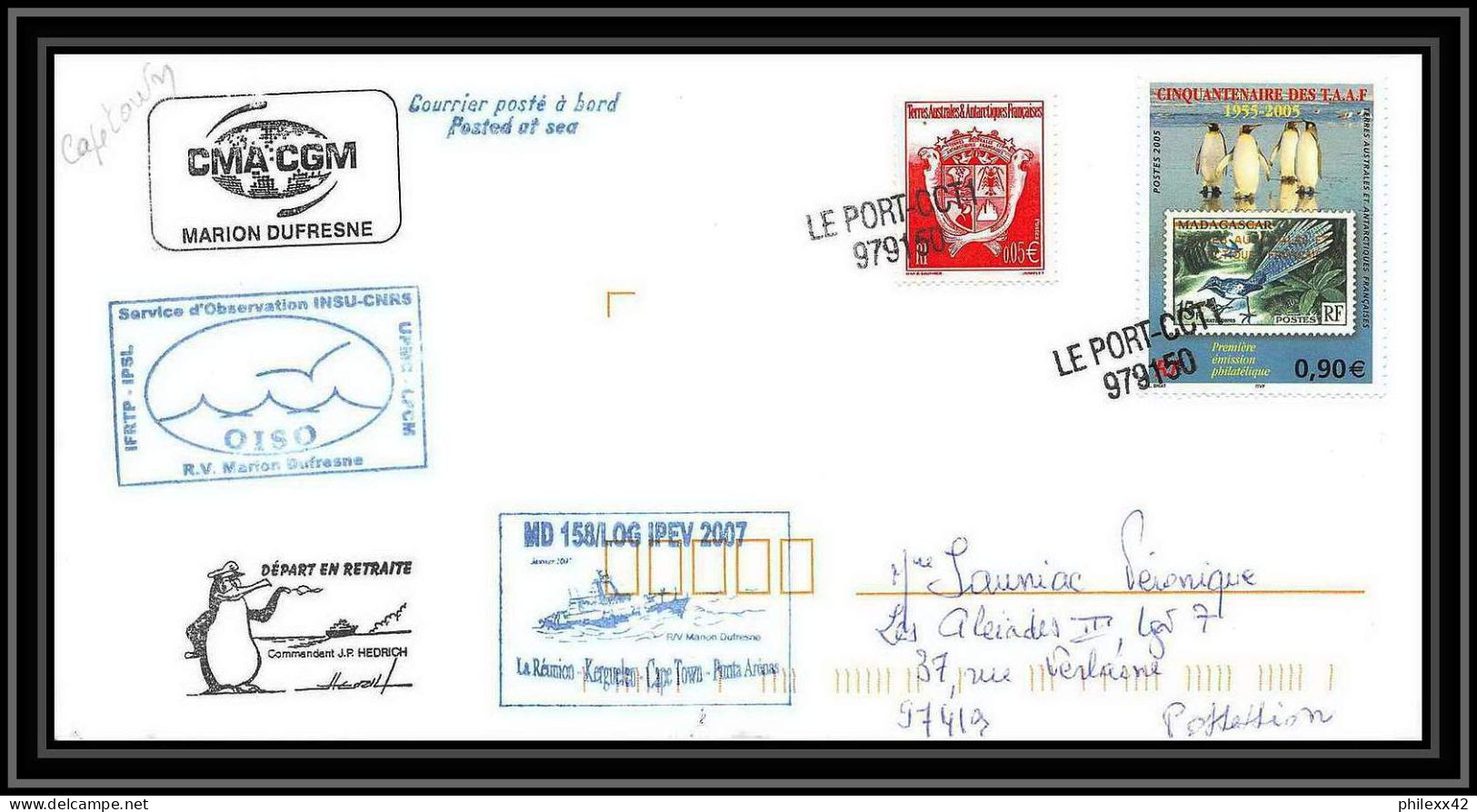 2652 ANTARCTIC Terres Australes TAAF Lettre Cover Dufresne 2 Md 158 Cape Town 5/2/2007 N°430 Possession Reunion - Antarctic Expeditions