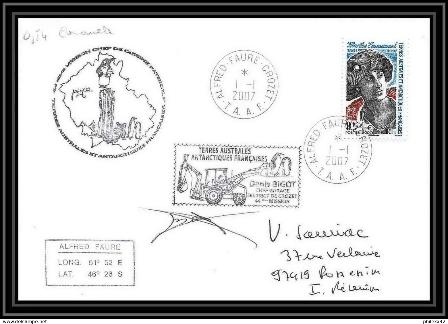 2646 ANTARCTIC Terres Australes TAAF Lettre Cover Dufresne 2 44 éme Mission BIGOT N°457 1/1/2007 - Expéditions Antarctiques