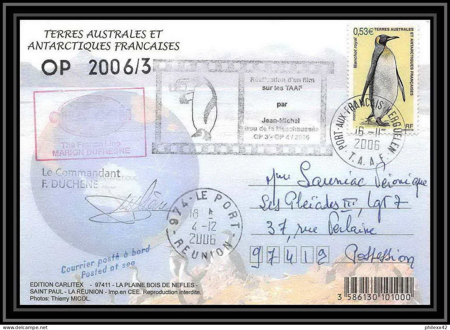 2637 ANTARCTIC Terres Australes (taaf)-carte Postale Dufresne 2 Signé Signed OP 2006/3 N°446 16/11/2006 - Brieven En Documenten