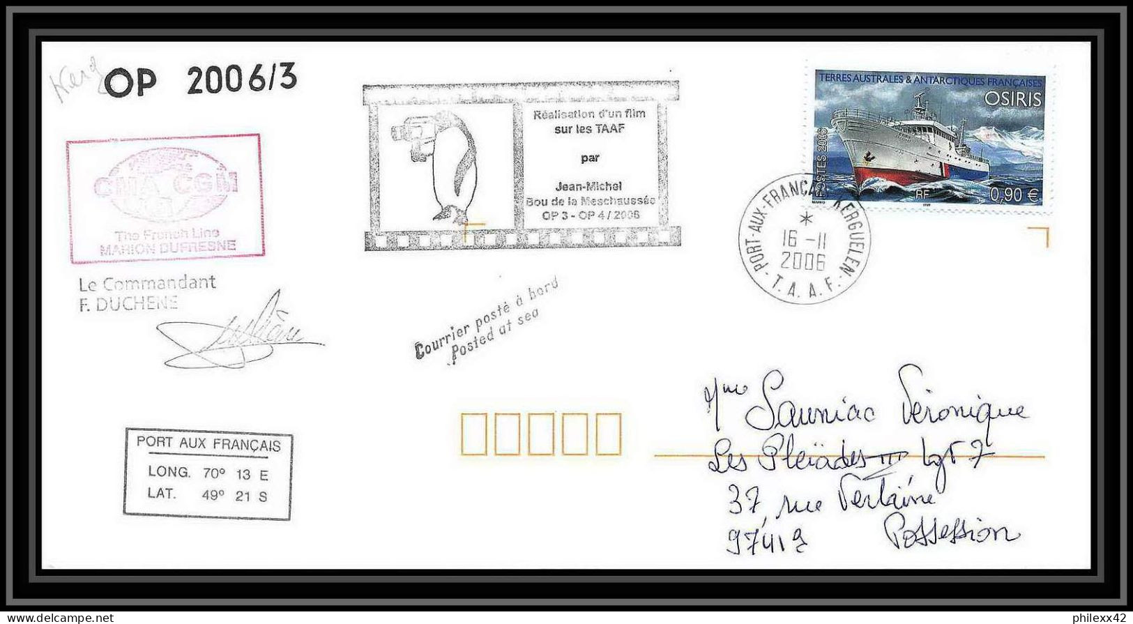 2615 ANTARCTIC Terres Australes TAAF Lettre Cover Dufresne 2 Signé Signed Op 2006/3 N°442 16/11/2006 Kerguelen Helilagon - Helicopters