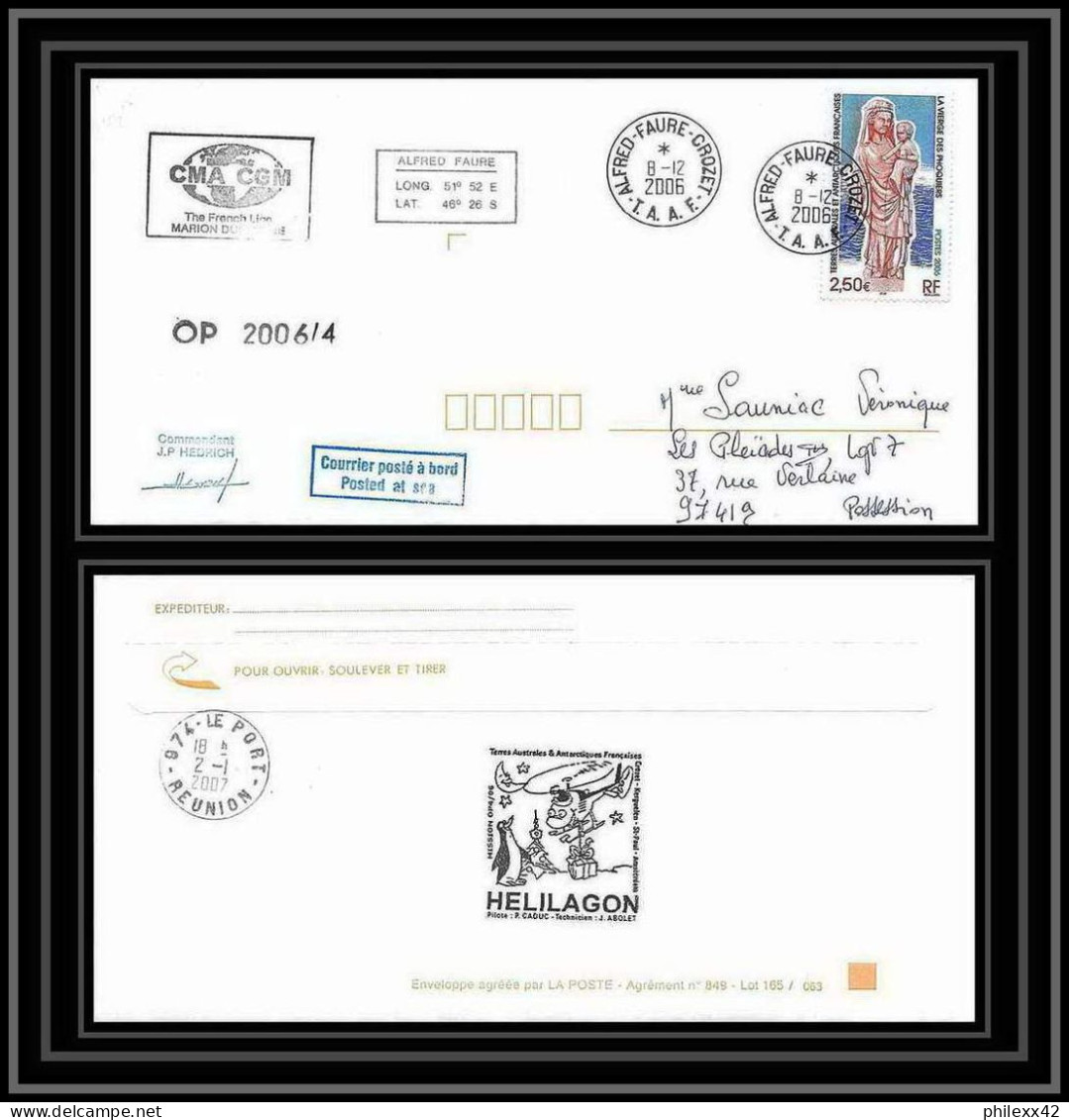 2626 ANTARCTIC Terres Australes TAAF Lettre Cover Dufresne 2 Signé Signed Op 2006/4 Crozet 8/12/2006 N°443 Helilagon - Expéditions Antarctiques