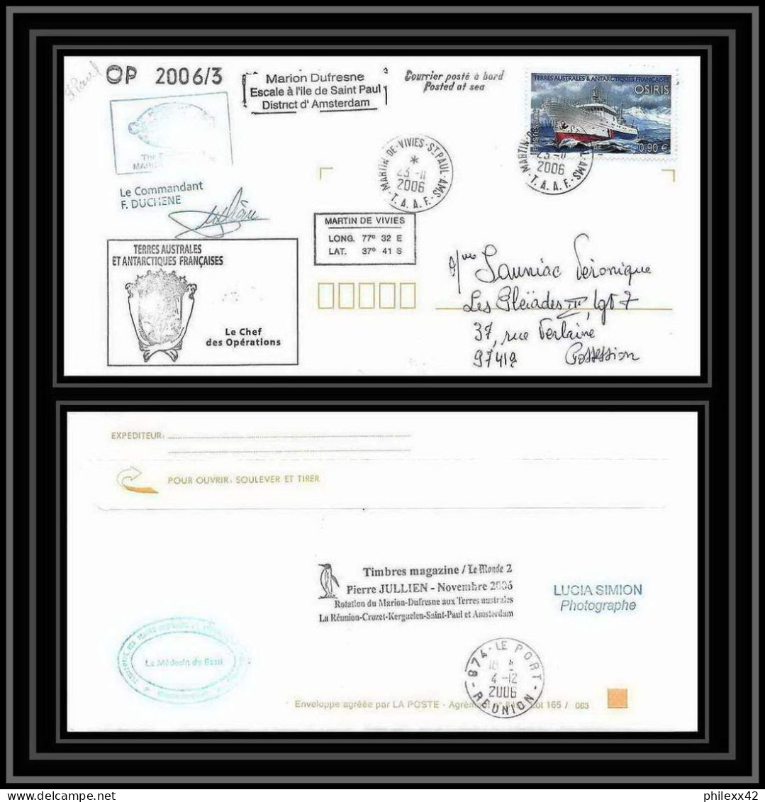 2618 ANTARCTIC Terres Australes TAAF Lettre Cover Dufresne 2 Signé Signed Op 2006/3 N°442 23/11/2006 St Paul - Antarctic Expeditions