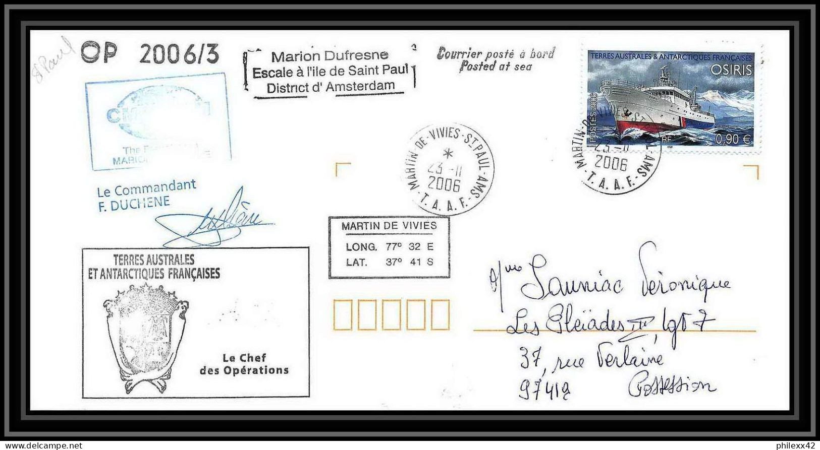 2618 ANTARCTIC Terres Australes TAAF Lettre Cover Dufresne 2 Signé Signed Op 2006/3 N°442 23/11/2006 St Paul - Spedizioni Antartiche