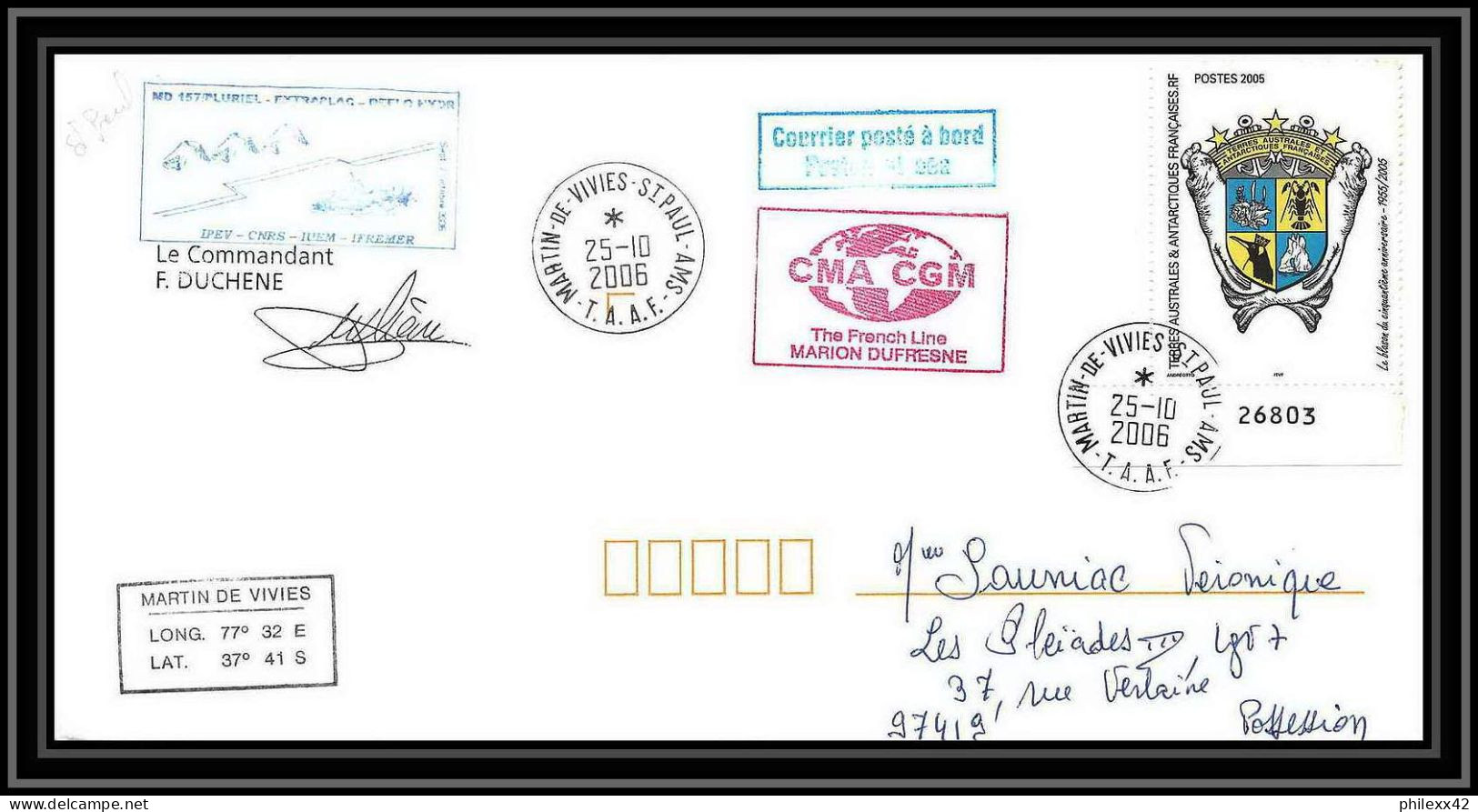 2606 Terres Australes TAAF Lettre Cover Dufresne 2 Signé Signed MD 157 PLURIEL ST PAUL Coin De Feuille N°429 - Antarctische Expedities