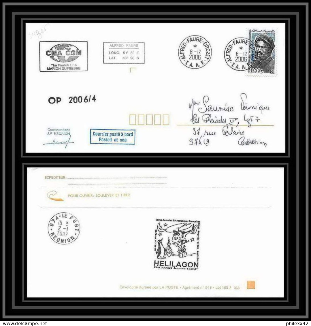 2627 ANTARCTIC Terres Australes TAAF Lettre Cover Dufresne 2 Signé Signed Op 2006/4 Crozet 8/12/2006 N°437 Helilagon - Hélicoptères
