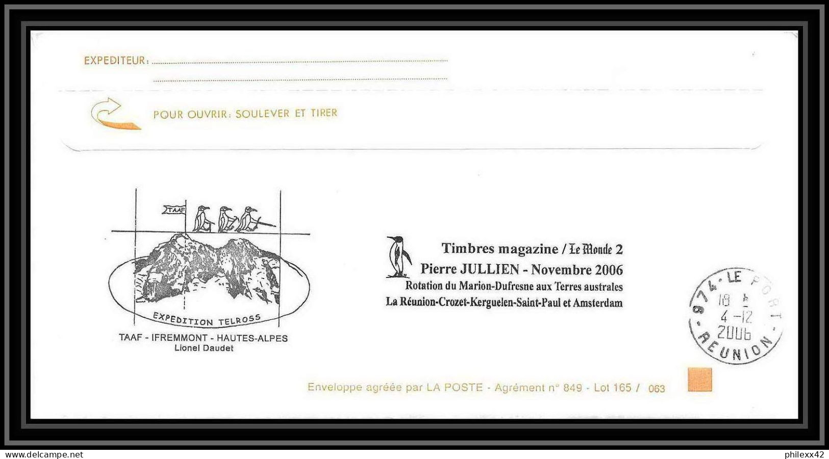 2616 ANTARCTIC Terres Australes TAAF Lettre Dufresne 2 Signé Signed Op 2006/3 N°435+436 16/11/2006 Kerguelen Telross - Antarctic Expeditions