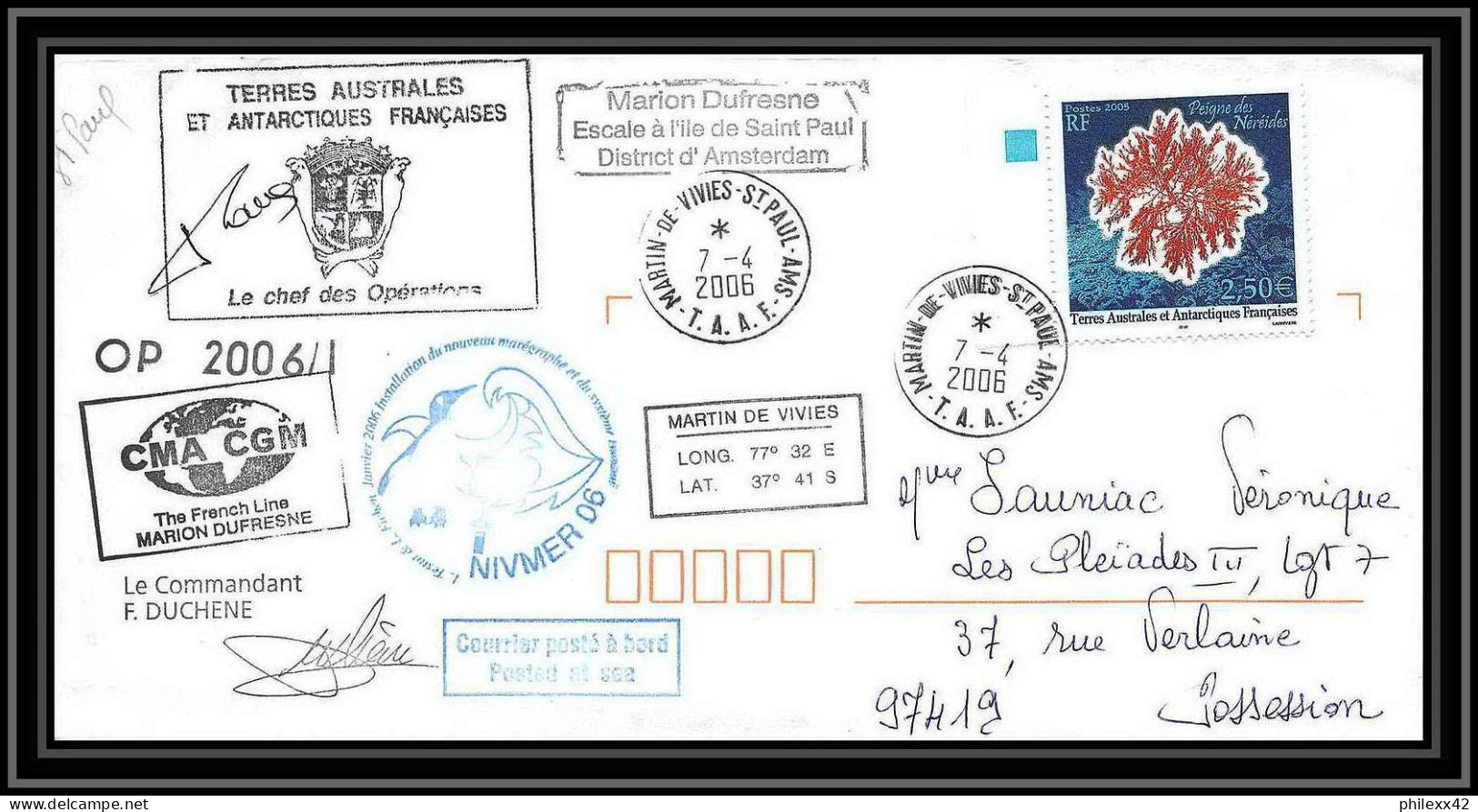 2577 ANTARCTIC Terres Australes TAAF Lettre 10 Ans Du Dufresne 2 Signé Signed OP 2006/1 SAINT PAUL N°412 Helilagon - Hélicoptères