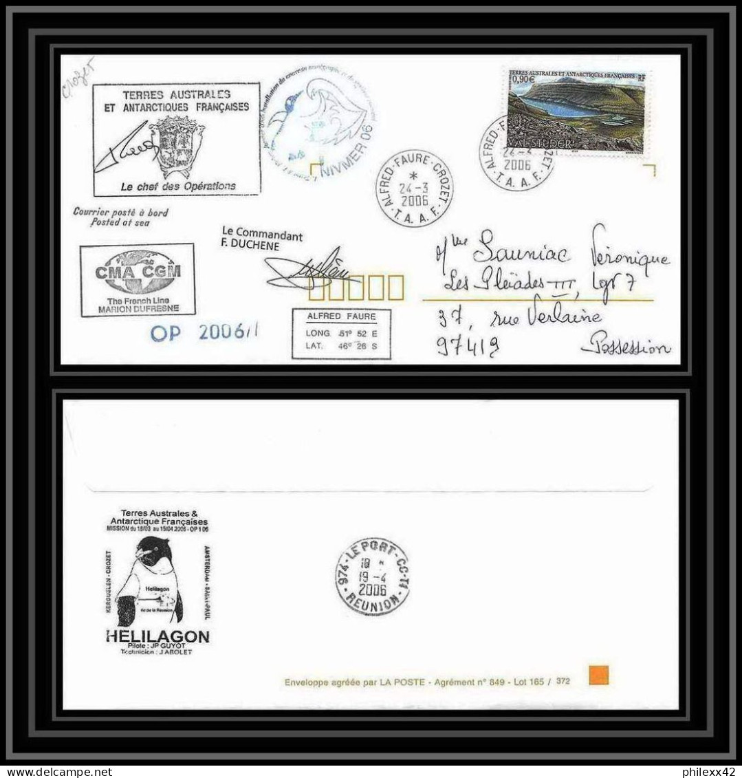 2567 ANTARCTIC Terres Australes TAAF Lettre Cover Dufresne 2 Signé Signed OP 2006/1 CROZET N°410 24/3/2006 Helilagon - Helicopters