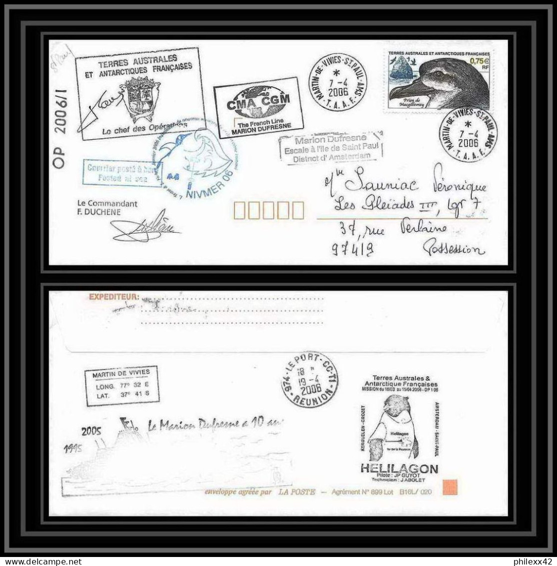 2574 ANTARCTIC Terres Australes TAAF Lettre 10 Ans Du Dufresne 2 Signé Signed OP 2006/1 SAINT PAUL N°408 Helilagon Prion - Hélicoptères