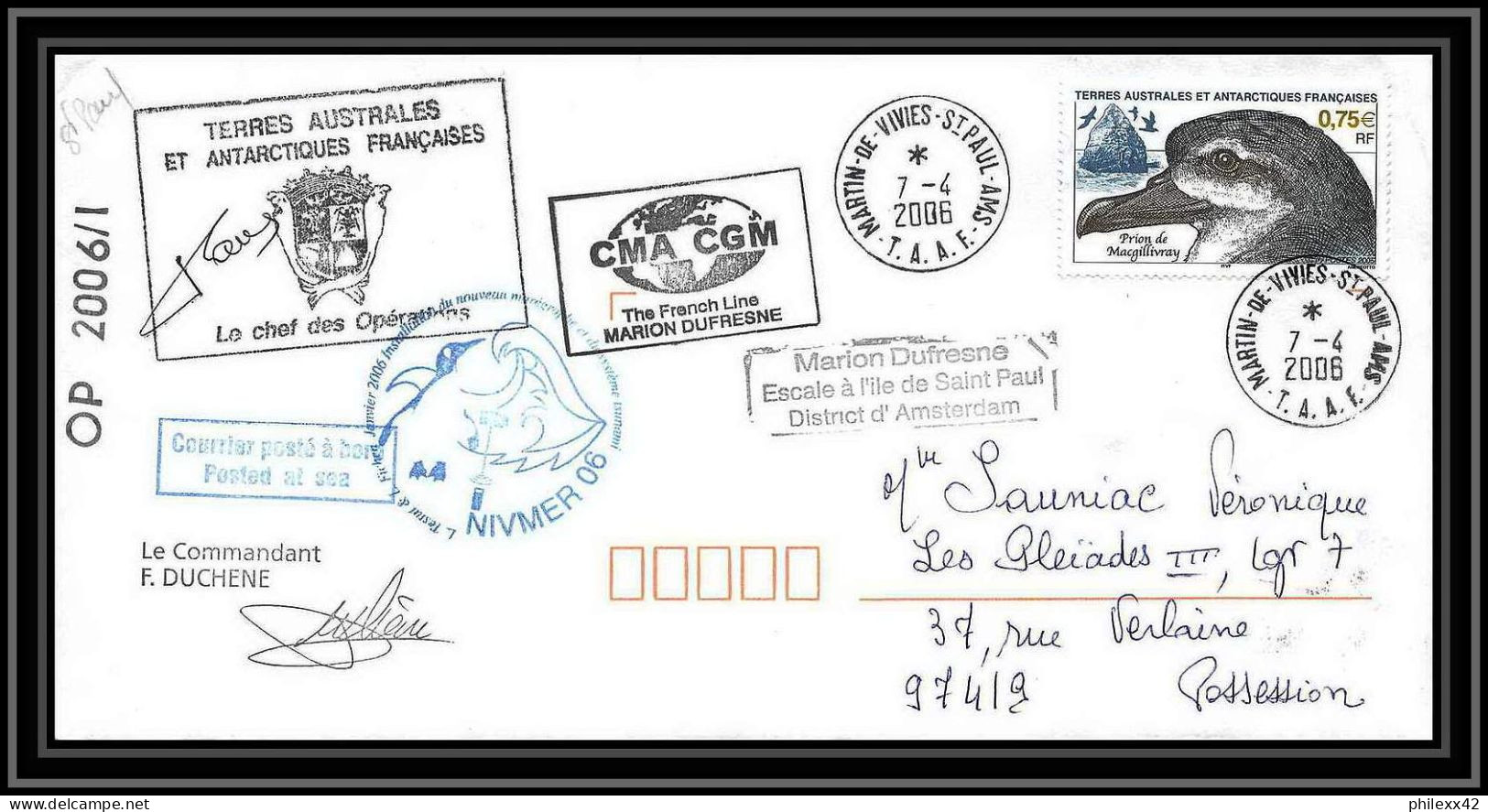 2574 ANTARCTIC Terres Australes TAAF Lettre 10 Ans Du Dufresne 2 Signé Signed OP 2006/1 SAINT PAUL N°408 Helilagon Prion - Elicotteri