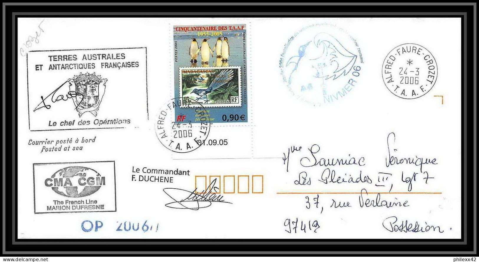 2569 ANTARCTIC Terres Australes TAAF Lettre Cover Dufresne 2 Signé Signed OP 2006/1 CROZET N°430 24/3/2006 Helilagon - Helicopters