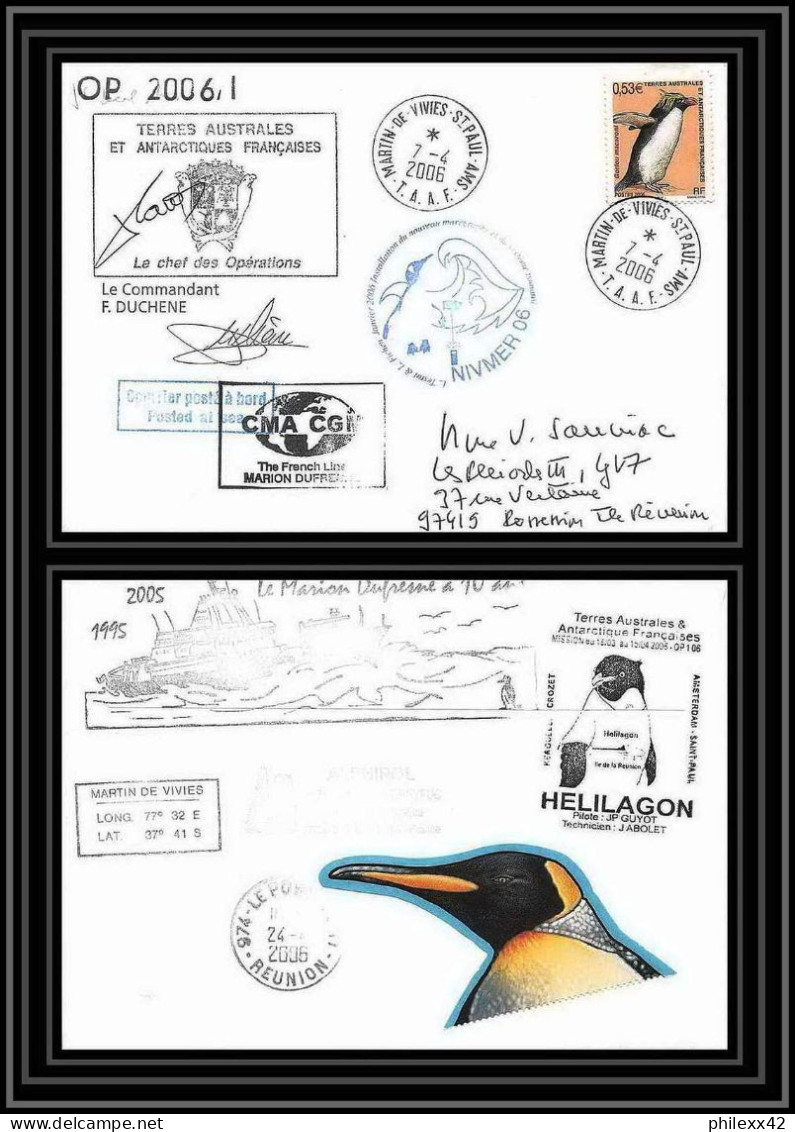 2576 ANTARCTIC TAAF Lettre 10 Ans Du Dufresne 2 Signé Signed OP 2006/1 SAINT PAUL N°449 Helilagon Oiseaux (birds) - Helicópteros