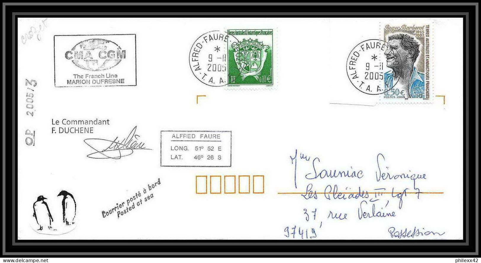 2534 ANTARCTIC Terres Australes TAAF Lettre Cover Dufresne 2 Signé Signed Op 2005/3 Crozet 9/11/2005 N°406 - Antarctische Expedities