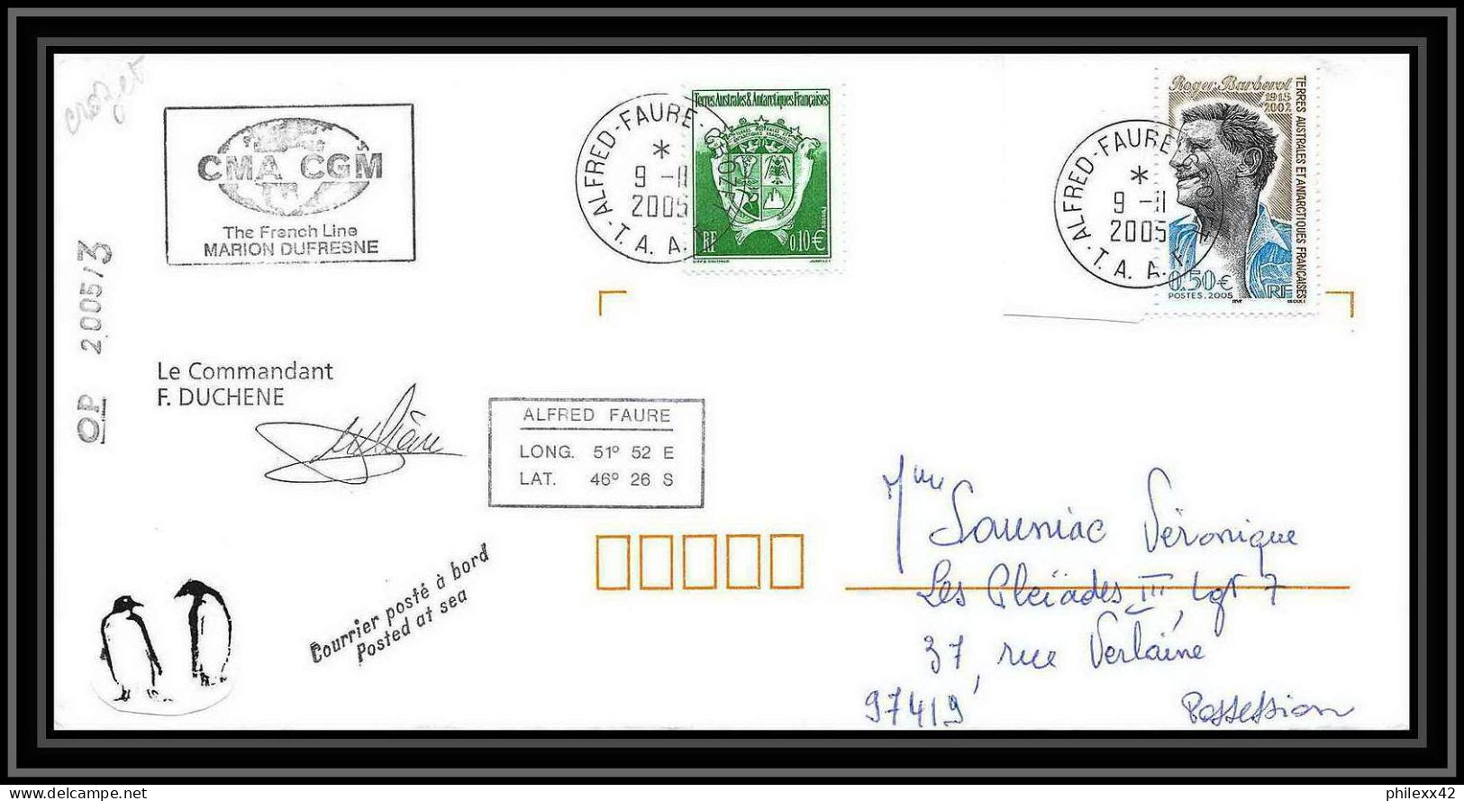 2534 ANTARCTIC Terres Australes TAAF Lettre Cover Dufresne 2 Signé Signed Op 2005/3 Crozet 9/11/2005 N°406 - Antarctic Expeditions