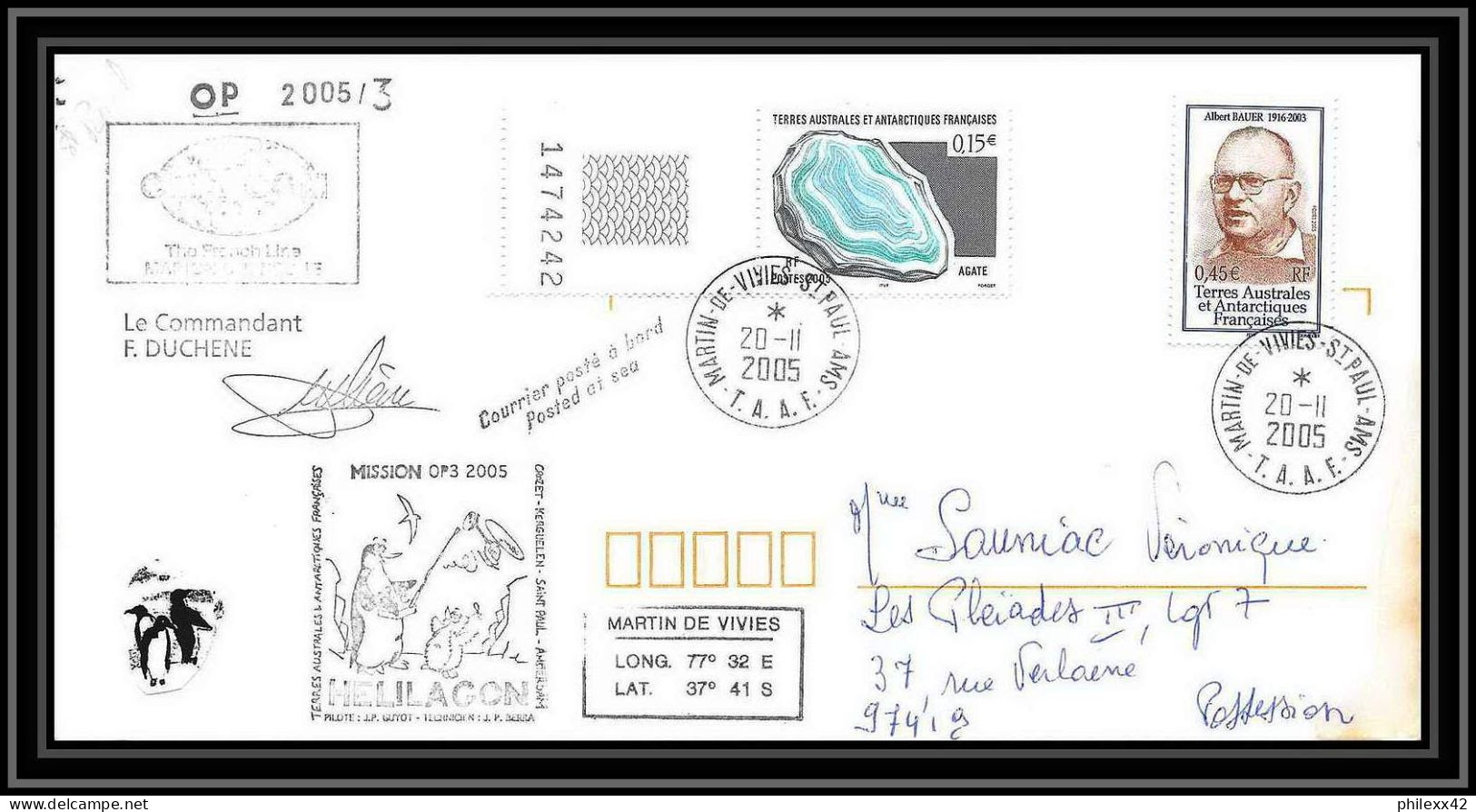 2537 ANTARCTIC Terres Australes TAAF Lettre Cover Dufresne 2 Signé Signed Op 2005/3 KERGUELEN 20/11/2005 N°405 Helilagon - Helicopters