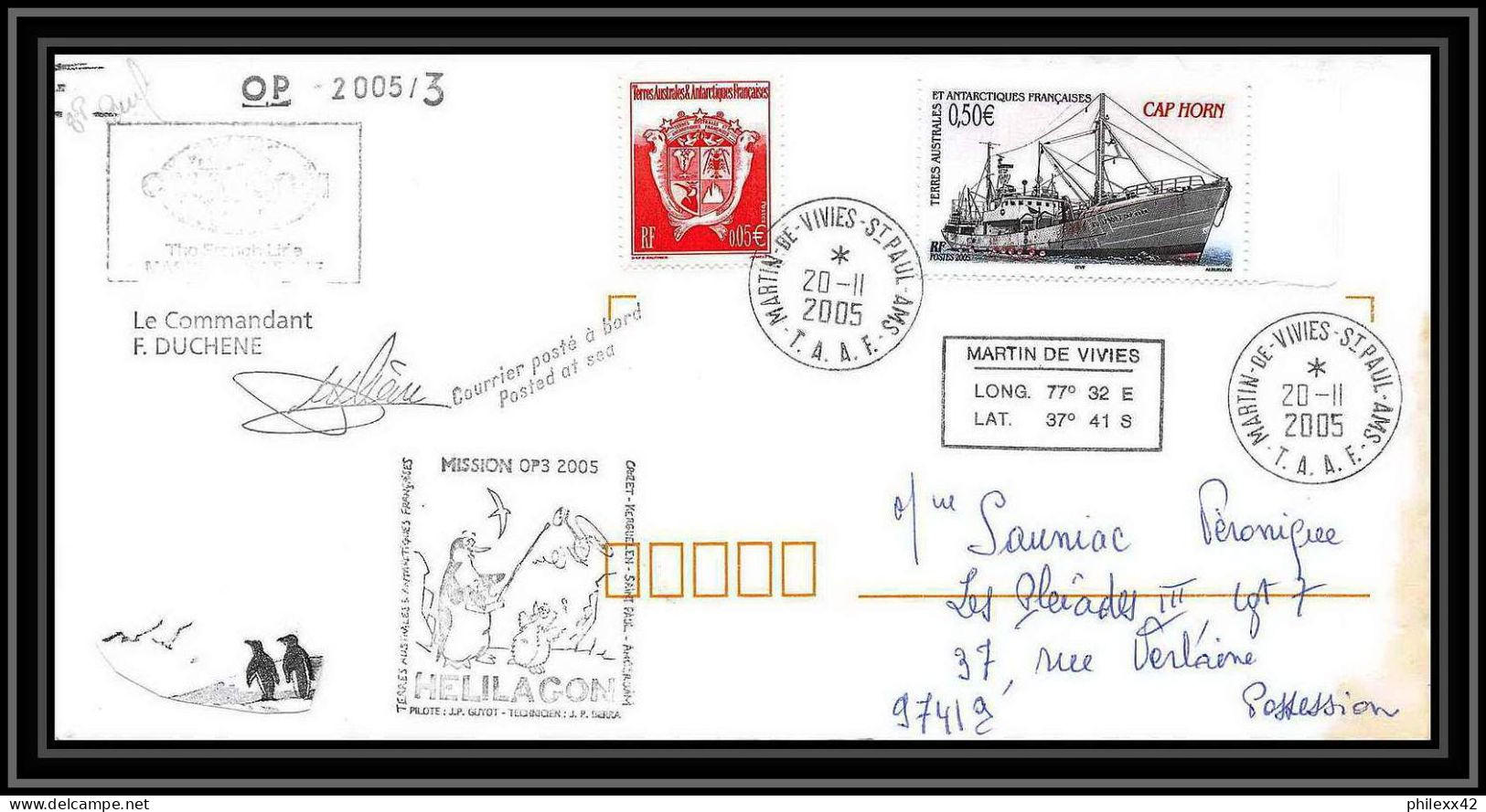 2538 ANTARCTIC Terres Australes TAAF Lettre Cover Dufresne 2 Signé Signed Op 2005/3 KERGUELEN 20/11/2005 N°407 Helilagon - Helicopters