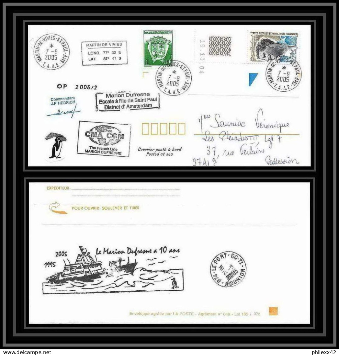 2521 ANTARCTIC Terres Australes TAAF Lettre Cover 10 Ans Du Dufresne 2 Signé Signed N°406 7/9/2005 Coin Daté - Briefe U. Dokumente