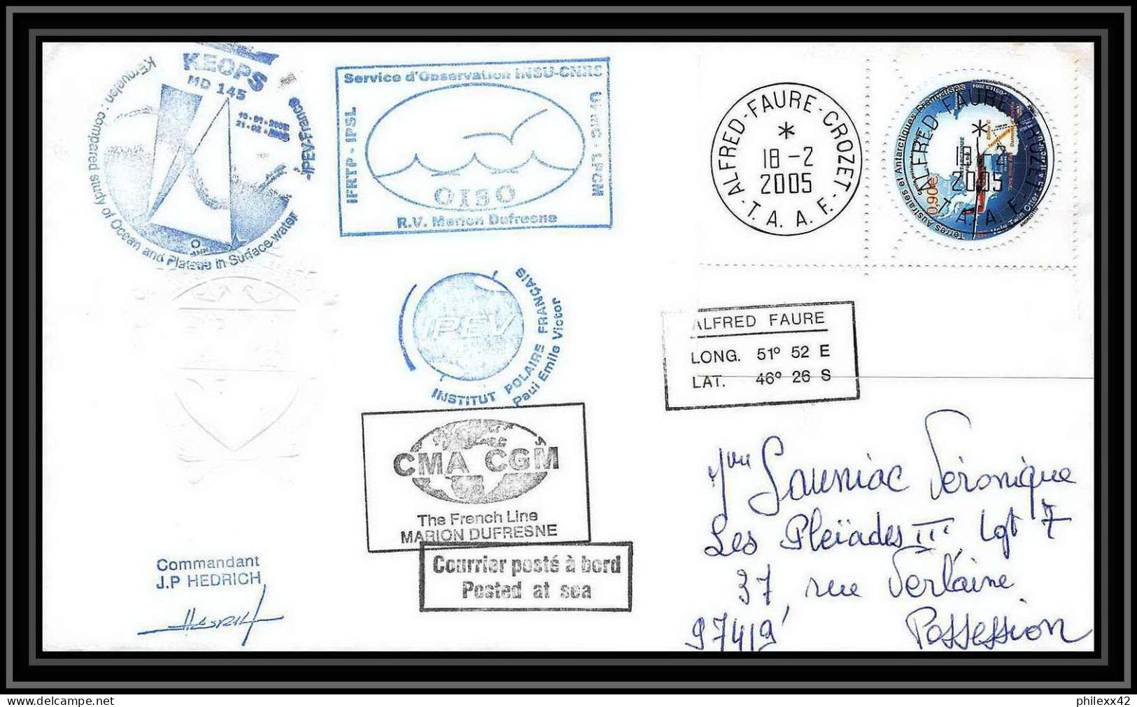 2498 ANTARCTIC Terres Australes TAAF Lettre Cover Dufresne 2 Signé Signed MD 145 KEOPS 18/2/2005 N°369 Coin De Feuille - Antarctische Expedities