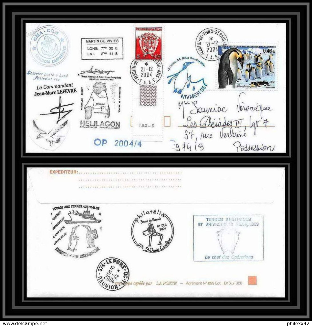 2484 ANTARCTIC Terres Australes TAAF Lettre Cover Dufresne 2 Signé Signed OP 2004/4 N°360 21/12/2004 Helilagon - Helicopters