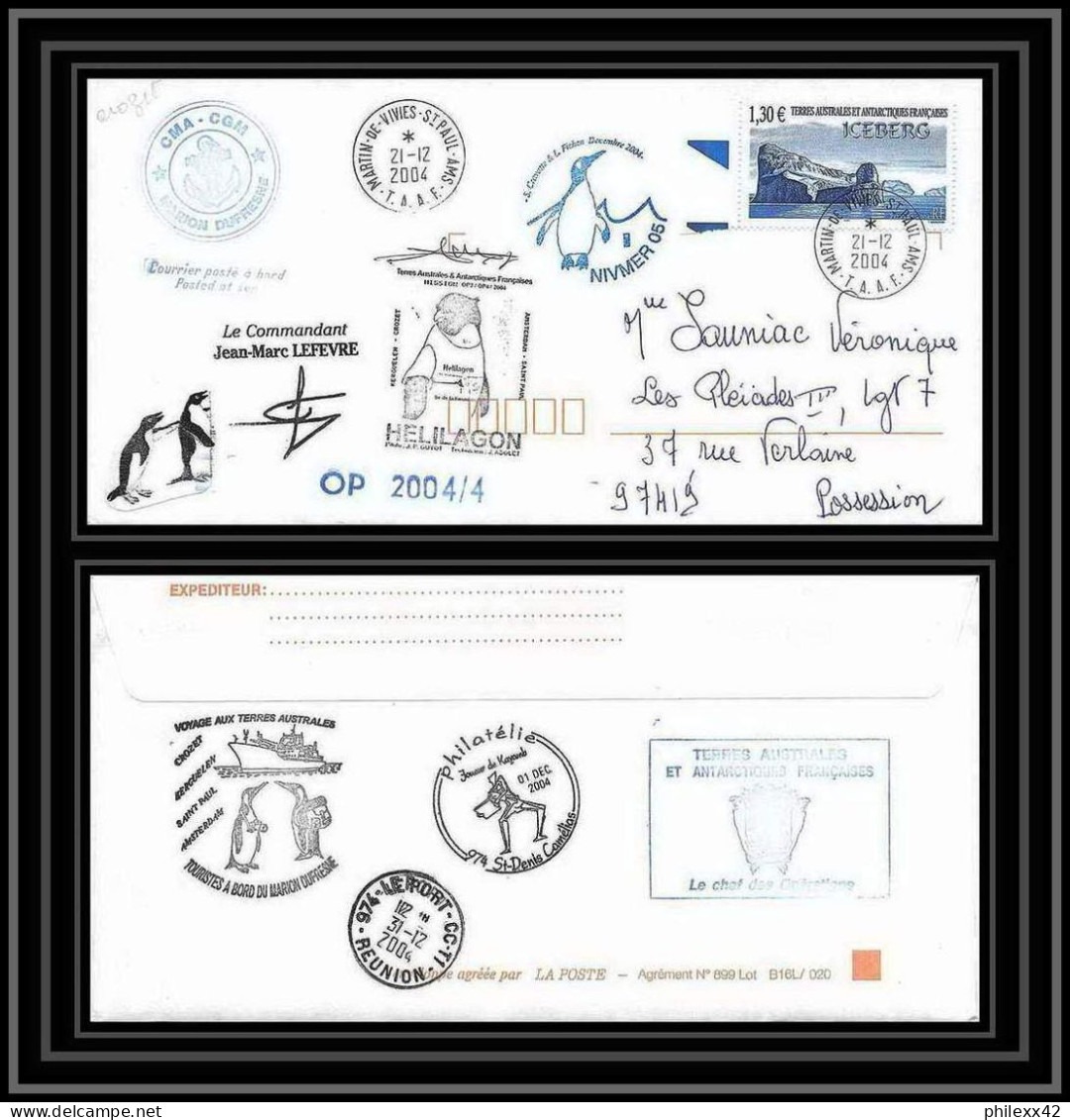 2485 ANTARCTIC Terres Australes TAAF Lettre Cover Dufresne 2 Signé Signed OP 2004/4 N°387 21/12/2004 Helilagon - Elicotteri