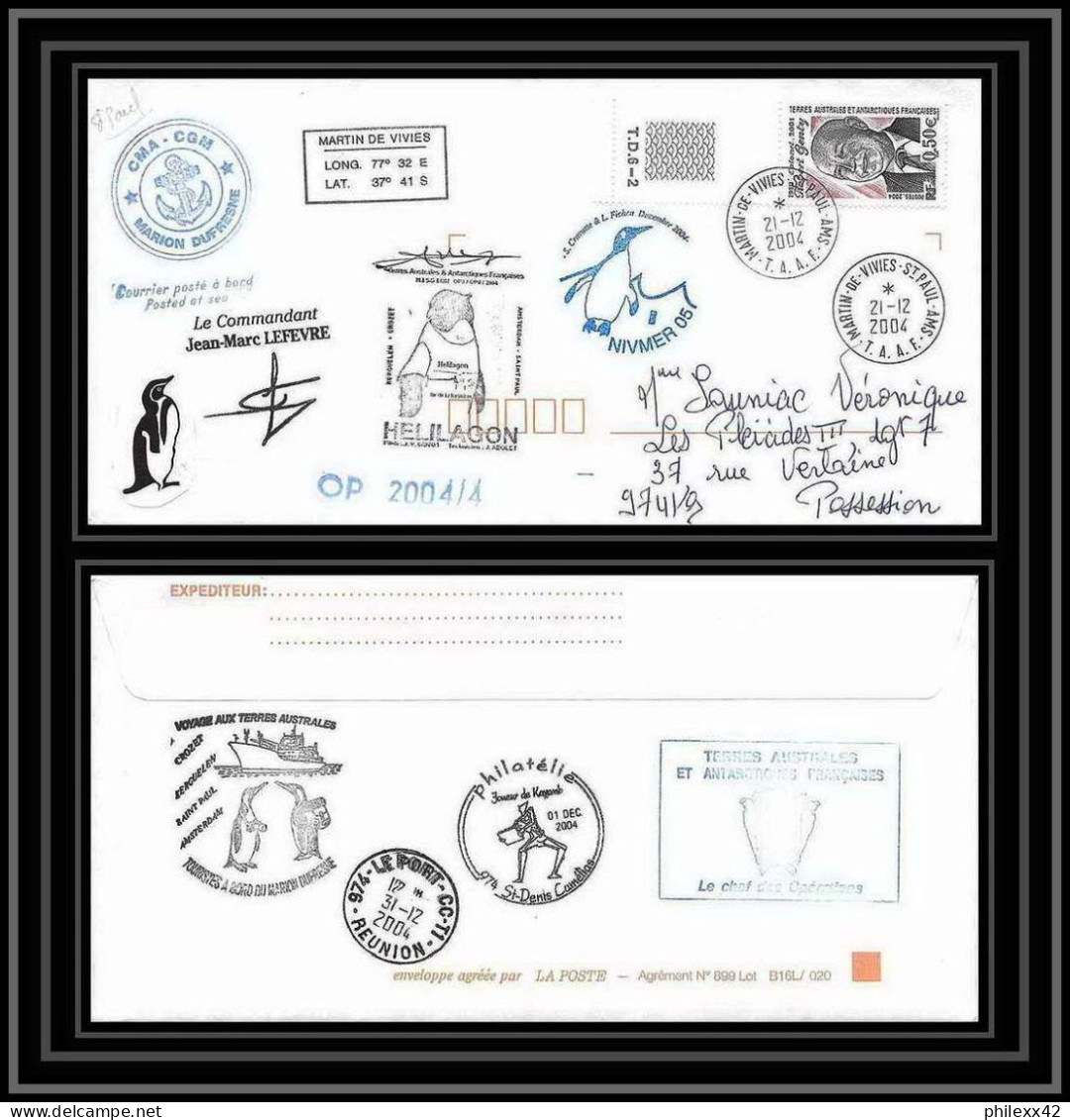 2483 ANTARCTIC Terres Australes TAAF Lettre Cover Dufresne 2 Signé Signed OP 2004/4 N°392 21/12/2004 Helilagon - Helicopters