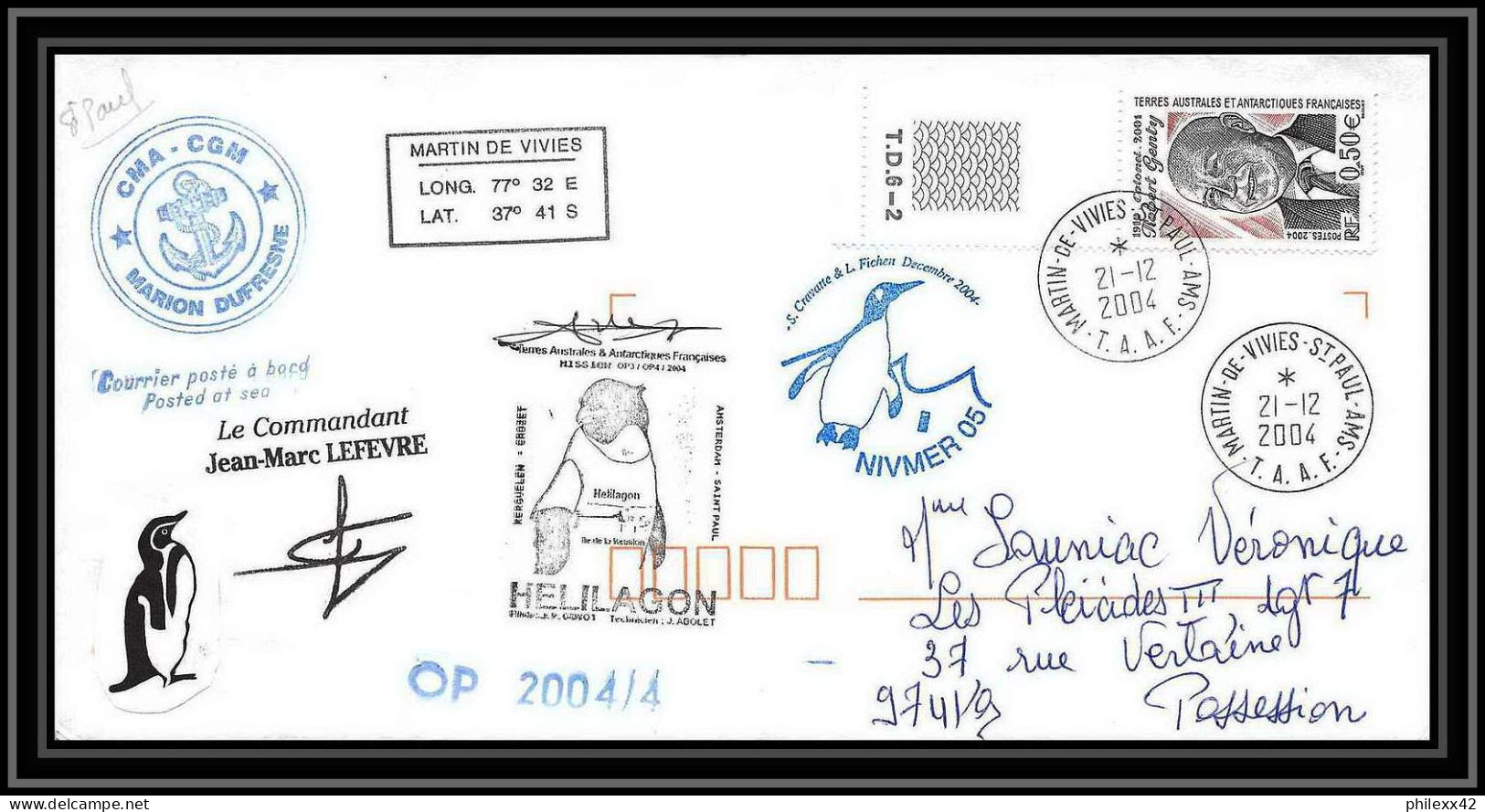 2483 ANTARCTIC Terres Australes TAAF Lettre Cover Dufresne 2 Signé Signed OP 2004/4 N°392 21/12/2004 Helilagon - Hélicoptères