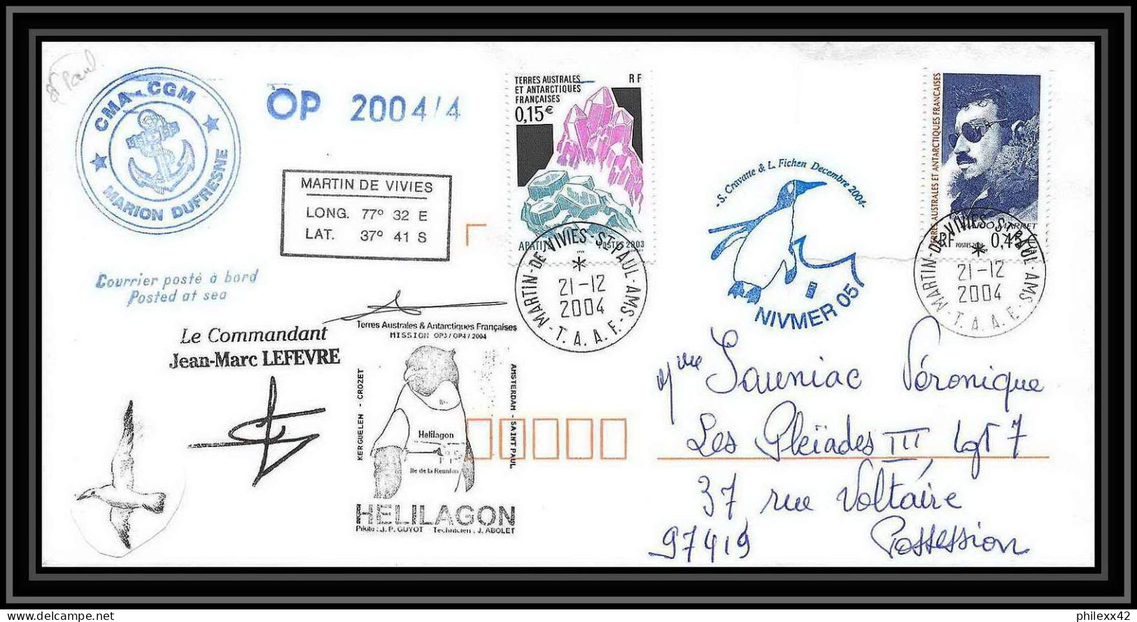 2482 ANTARCTIC Terres Australes TAAF Lettre Cover Dufresne 2 Signé Signed OP 2004/4 N°391 21/12/2004 Helilagon - Helicopters