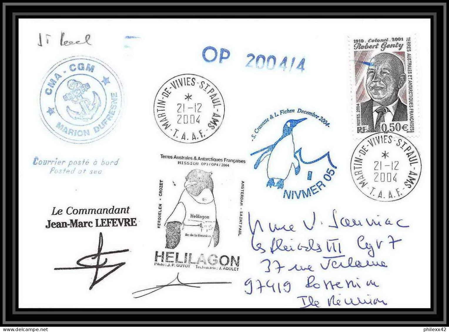 2480 ANTARCTIC Terres Australes TAAF Lettre Cover Dufresne 2 Signé Signed OP 2004/4 N°392 21/12/2004 Helilagon - Helicopters