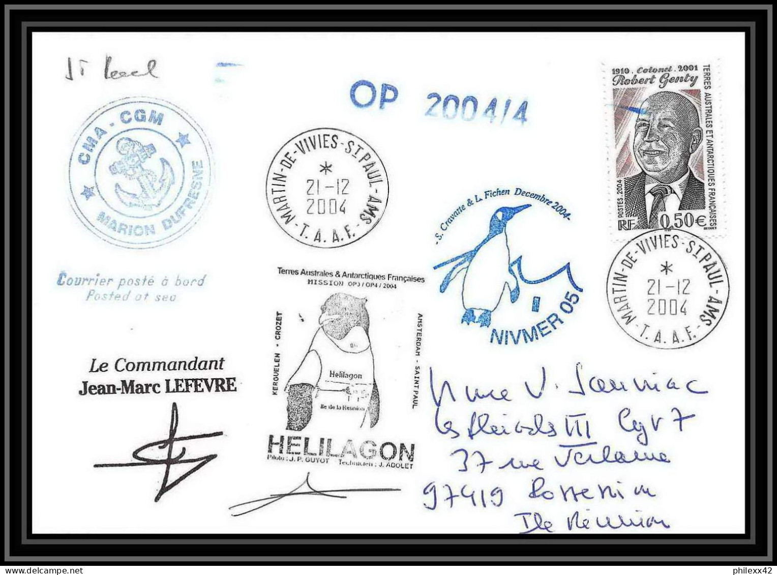 2480 ANTARCTIC Terres Australes TAAF Lettre Cover Dufresne 2 Signé Signed OP 2004/4 N°392 21/12/2004 Helilagon - Hubschrauber