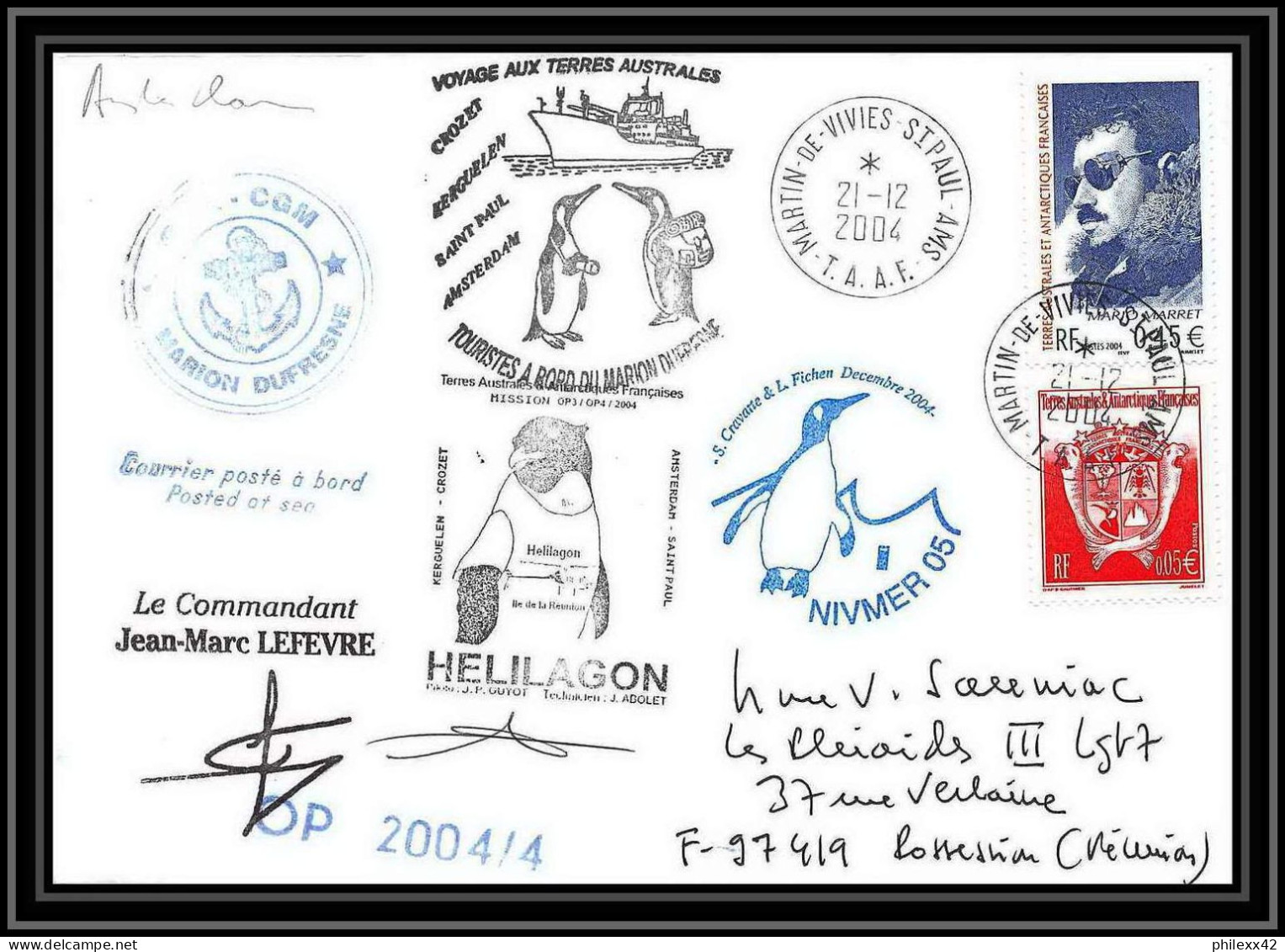 2481 ANTARCTIC Terres Australes TAAF Lettre Cover Dufresne 2 Signé Signed OP 2004/4 N°391 21/12/2004 Helilagon - Helicopters