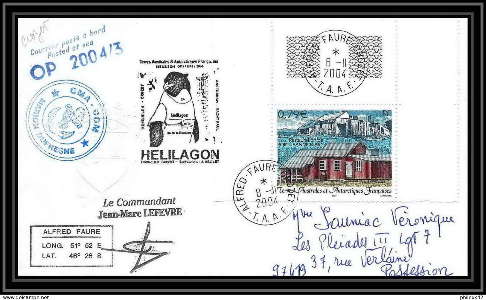 2468 ANTARCTIC Terres Australes TAAF Lettre Cover Dufresne 2 Signé Signed OP 2004/3 8/11/2004 N°350 Helilagon - Helicopters