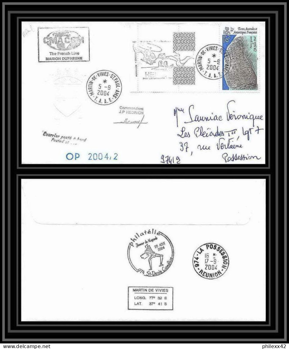 2463 ANTARCTIC Terres Australes TAAF Lettre Cover Dufresne 2 Signé Signed OP 2004/2 N°332 Helilagon - Hélicoptères