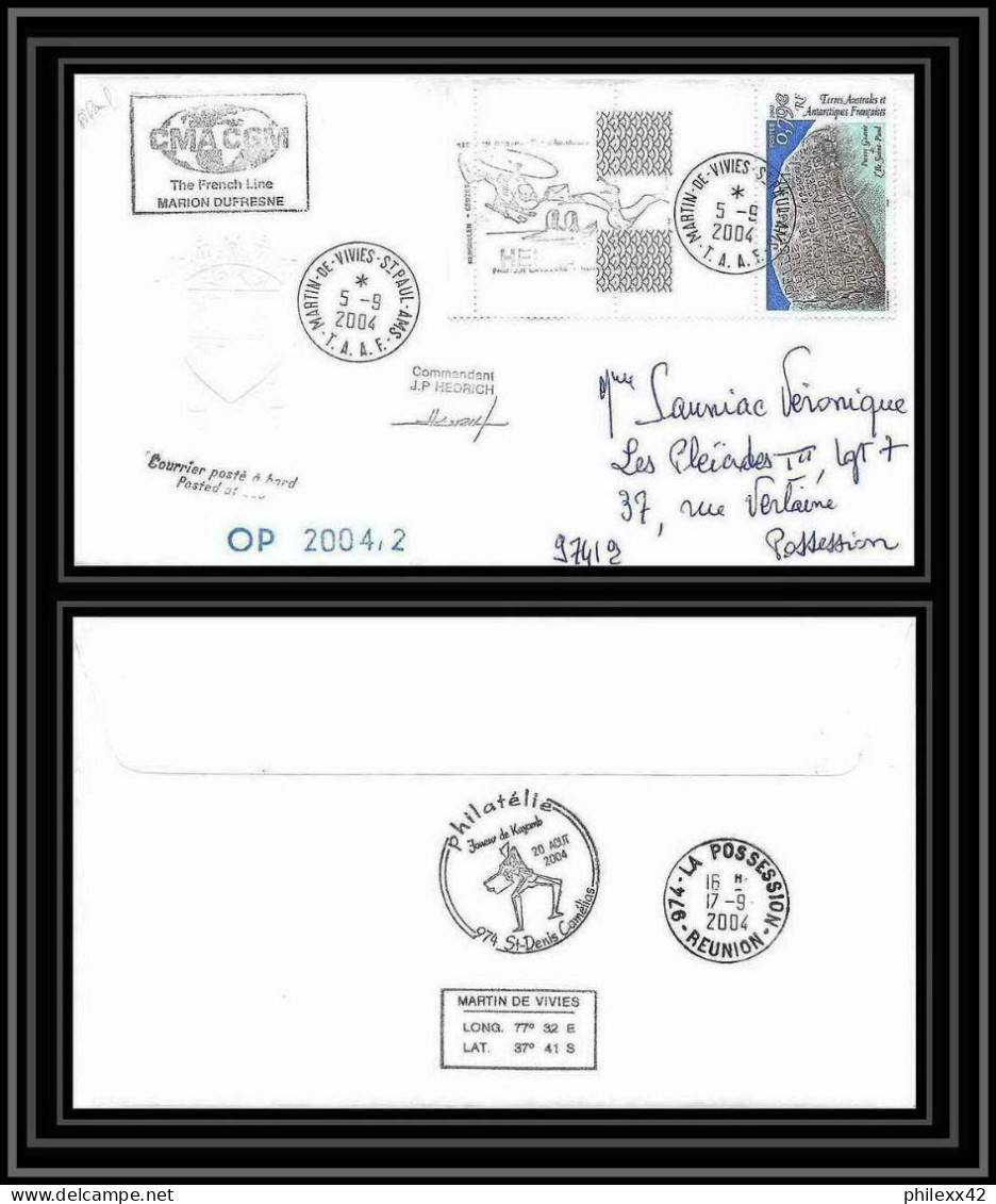 2463 ANTARCTIC Terres Australes TAAF Lettre Cover Dufresne 2 Signé Signed OP 2004/2 N°332 Helilagon - Helicopters
