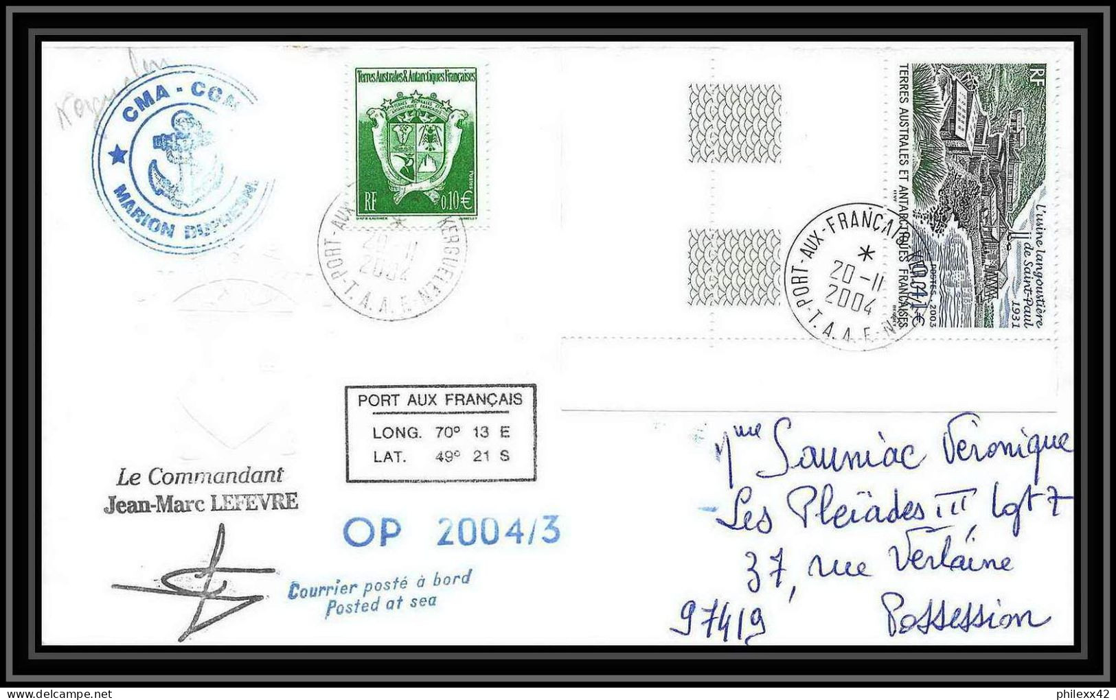 2472 ANTARCTIC Terres Australes TAAF Lettre Cover Dufresne 2 Signé Signed OP 2004/3 20/11/2004 N°349 Helilagon - Hélicoptères