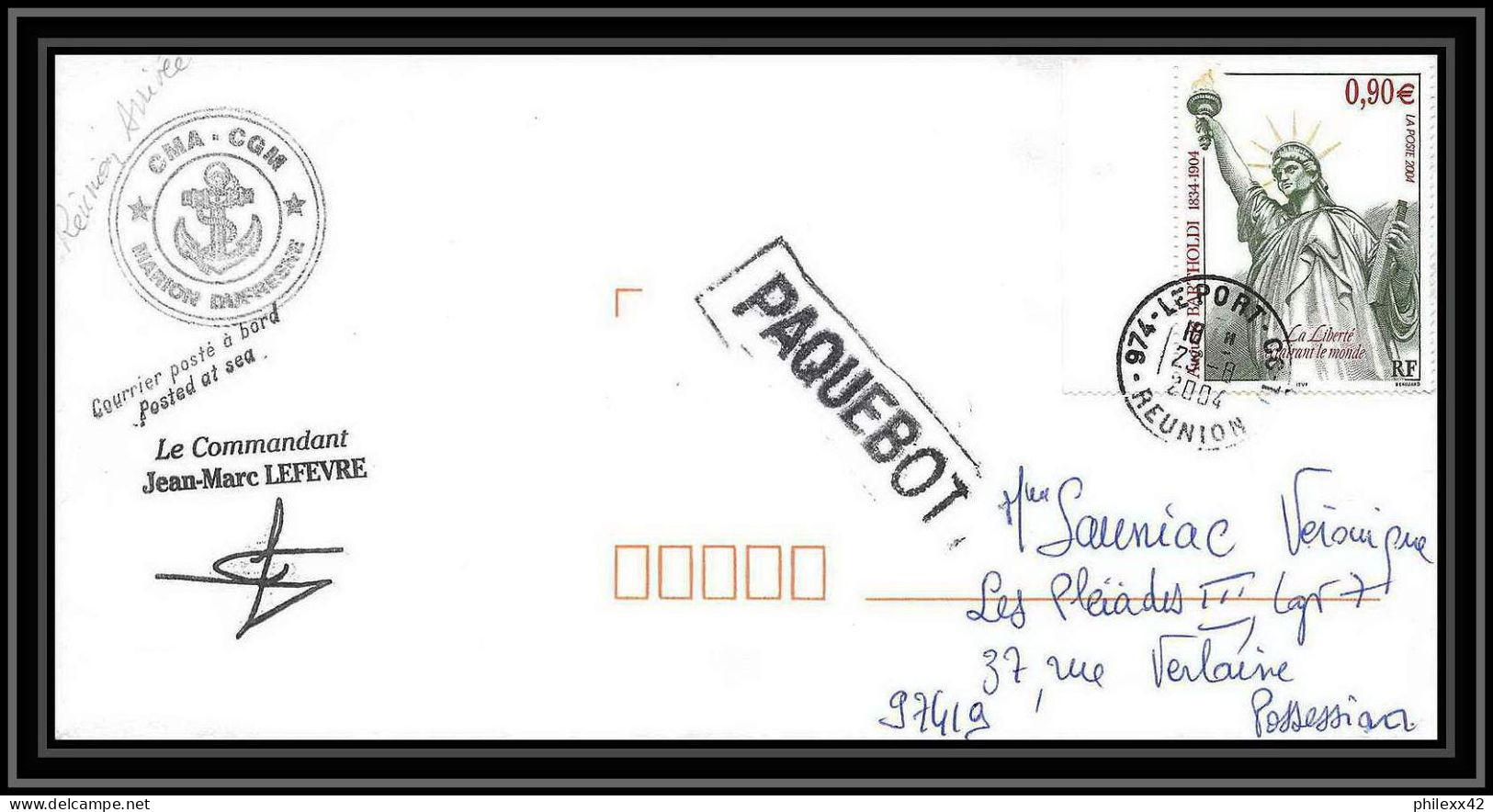 2456 ANTARCTIC Terres Australes TAAF Lettre Cover Dufresne 2 Signé Signed 23/8/2004 La Reunion Arrivée Liberty Statue - Spedizioni Antartiche